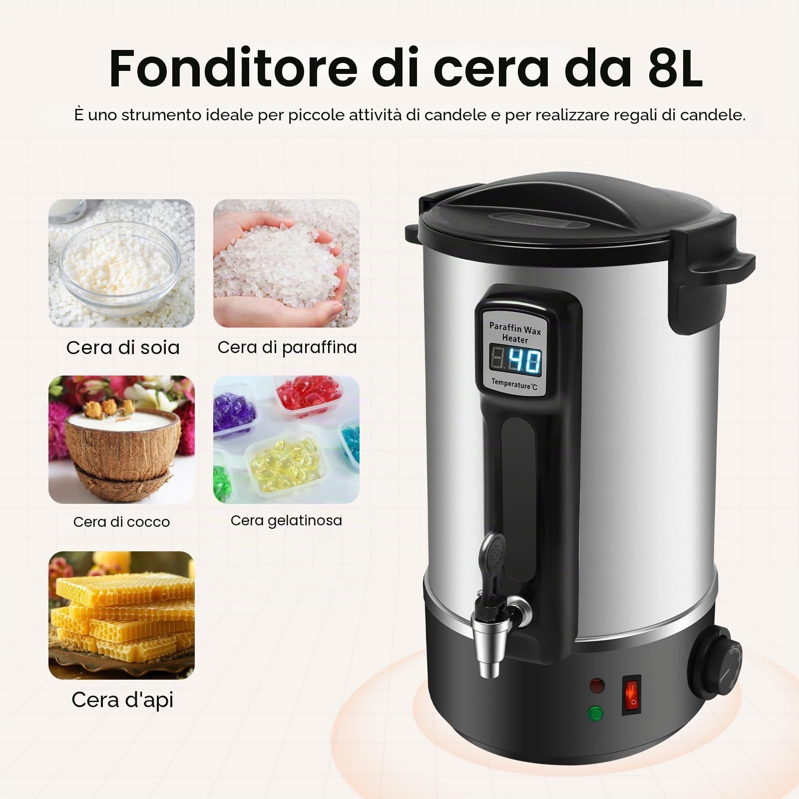 Poyujkyhr 8 l, fusore di cera per candele, 1100 W, professionale, elettrico, con display digitale a LED, regolazione della temperatura 86-212 °C, riscaldamento rapido per la produzione di candele fai