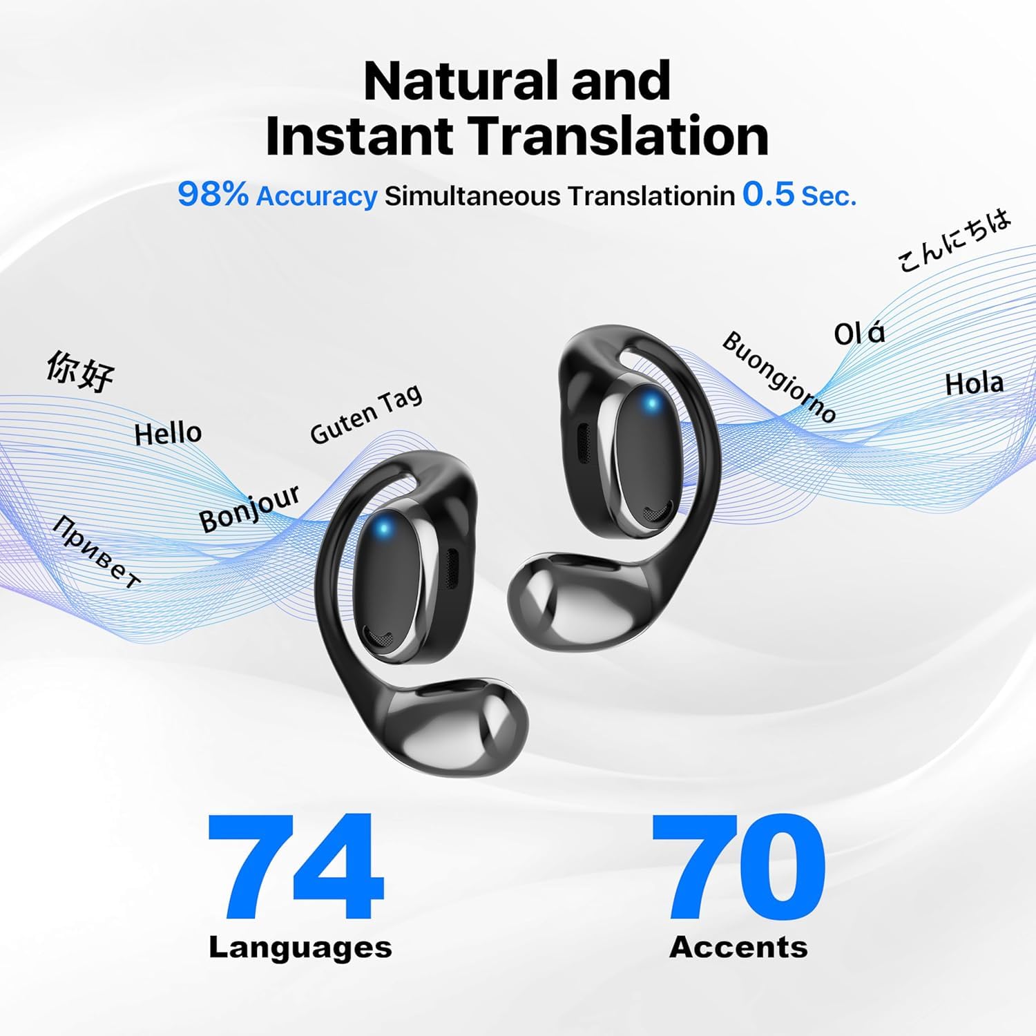 AI OWS Translation Earbuds: 3-in-1 Translator Earphones 144 Languages & Accents & 8 Offline Translation Packs HD Sound Quality Long Battery Life, Ideal for Travel & Business, Elegant Black