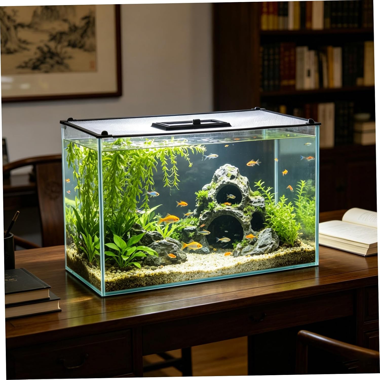 Magnetic Aquarium Tank Cover with Integrated Top Feeding Window, White PVC and Rubber Mesh Net, Anti-Jump Protection and Debris Blocking, Universal Fit for Fish and Terrarium Tanks