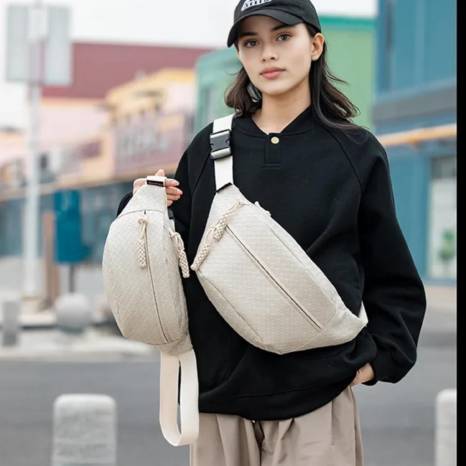 Woven PU Leather Fanny Packs for Men and Women, Stylish Shoulder Sling Crossbody Purse Adjustable Strap, Unisex Bum Waist Bags for Festival Travel Shopping Outdoor (White, Medium) - Image 2