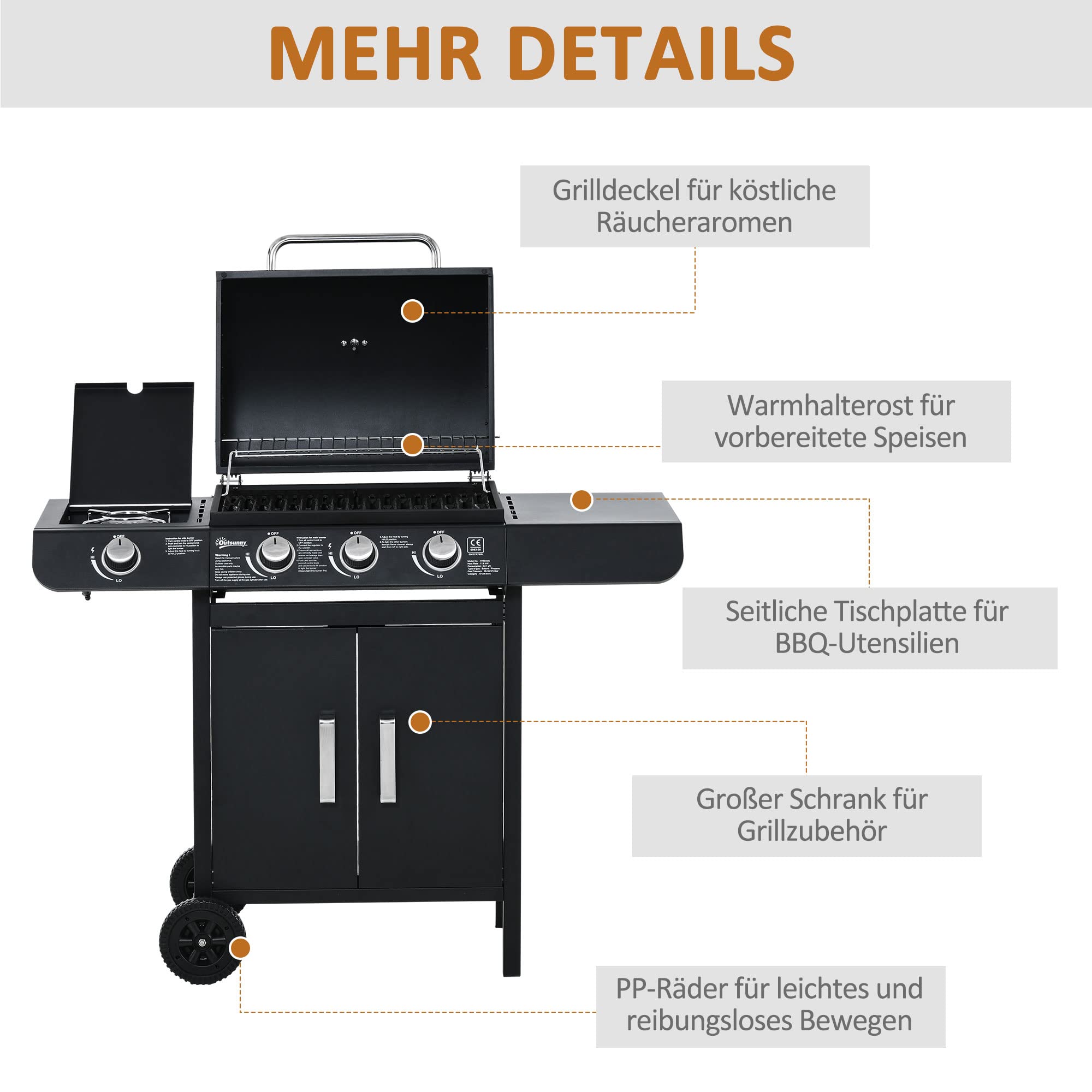 Outsunny Grill gazowy 11,6 kW, na kółkach, z 4 palnikami ze stali nierdzewnej, termometrem, płytą grzejną, otwieraczem do butelek, półki boczne, grill ogrodowy na balkon, 110 x 50 x 100 cm