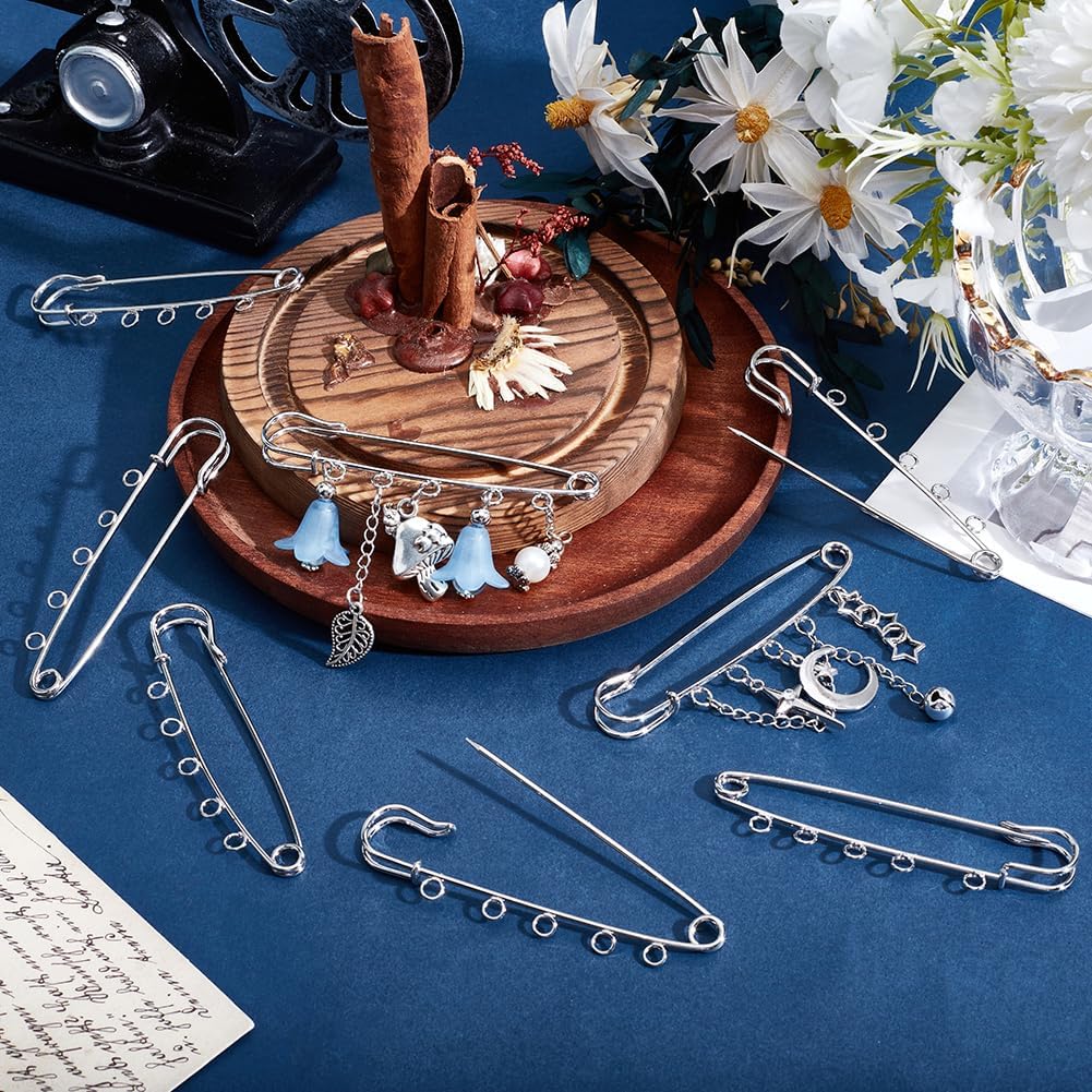 SUNNYCLUE 1 Box 30pcs 3.15in Silver Kilt Pins Safety Brooch Kilt Pins Iron Metal Fastener Decoration Brooch Blankets Pin Findings with 5 Loops for Jewelry Making Christmas Sewing Brooches Supplies
