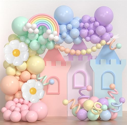 Kit de arco de globos pastel, 144 globos pastel con globos de margaritas y arco iris, 260 globos largos, kit de arco de globos de Pascua de macarrón