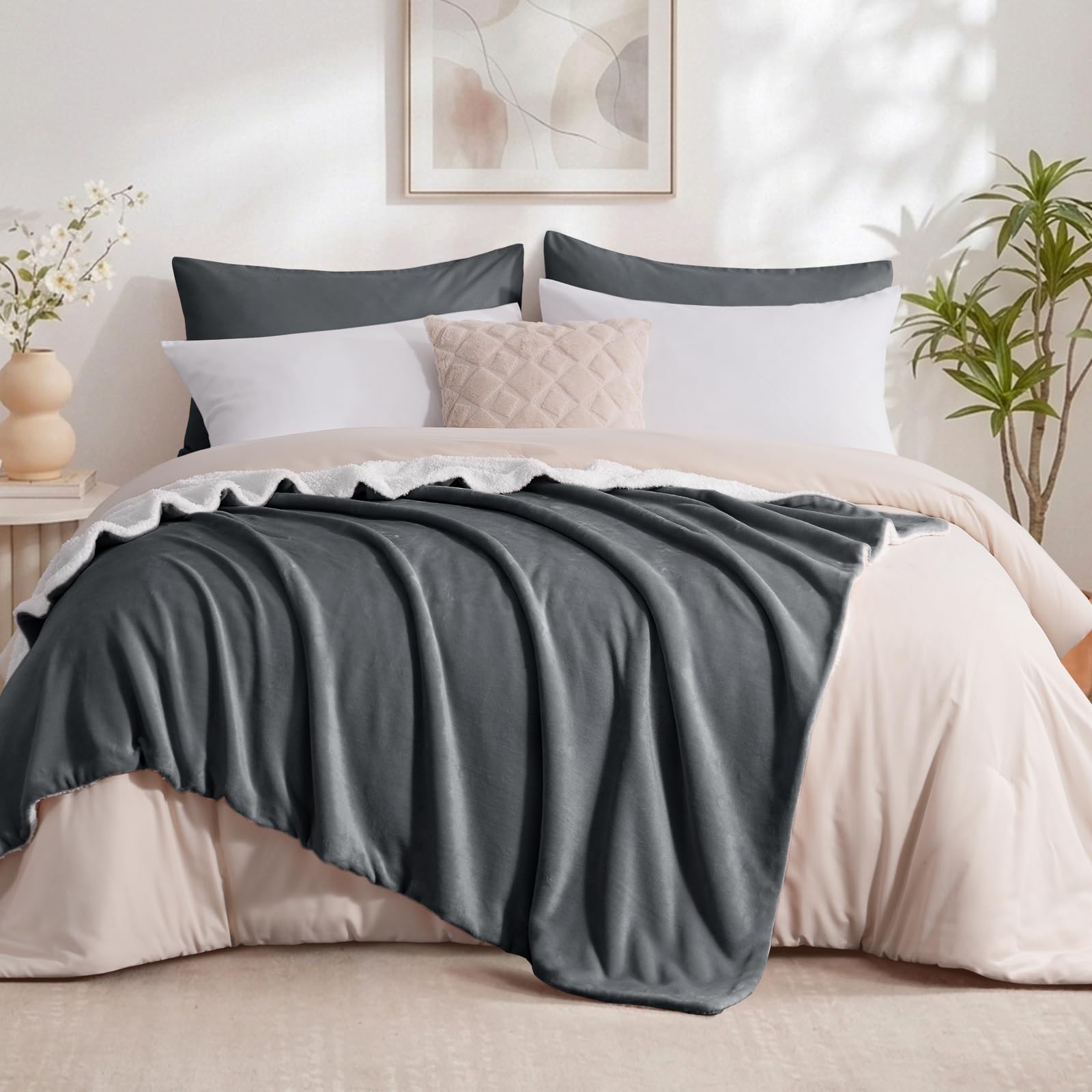 Aisbo Plaid Canape Polaire en Sherpa - Couverture 150x200 Jete de Canape Hiver, Plaid Canapé 150 x 200 Gris Foncé Mouton 2 Personnes Doux et Chaude