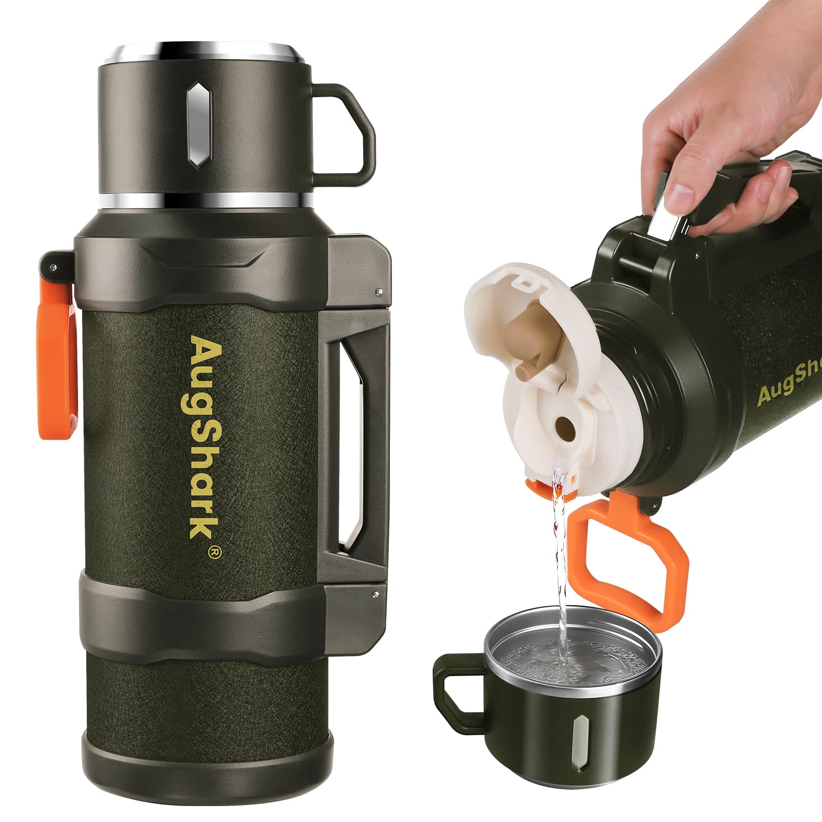 Upgraded 67oz/2L Insulated 18/8 Stainless Steel Thermos Water Bottle, Dual Handles, Leakproof, Detachable Handle Cup, Corrosion-Resistant, 48H Hot/Cold for Family Camping Fishing Road Trips