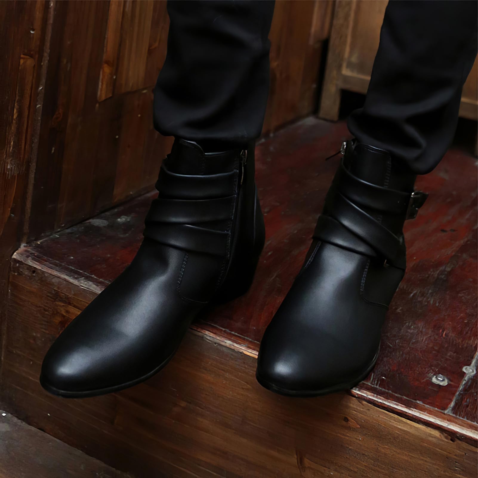 ANUFER Herren Western Ferse Spitze Zehenpartie Knöchel Stiefel | Seitlicher Reißverschluss, Verstellbare Riemchen mit Schnalle, Mikrofaserleder, Gutaussehend, Elegante Stiefeletten