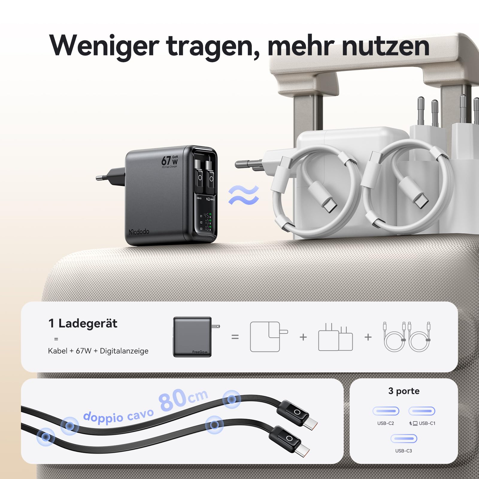 Mcdodo Caricatore USB-C 67W GaN con 2 Cavi USB-C Retrattili Integrati, Display Digitale LED, Alimentatore USB-C a 3 Porte con Ricarica Rapida per MacBook Air/Pro, iPhone 17/16/15, Galaxy, iPad