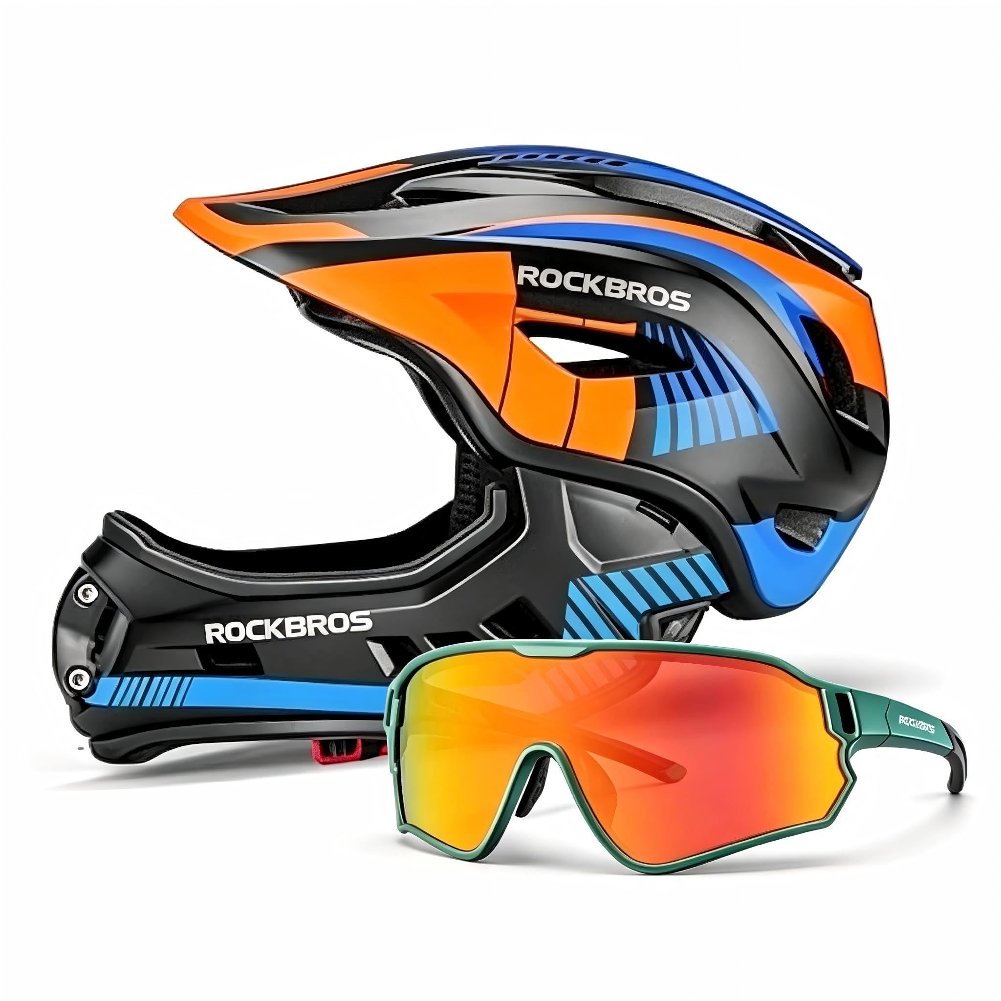 ROCKBROS Occhiali Bambini Polarizzati UV400 TR90+TAC + Casco Integrale Bambino con Mento Rimovibile M 54-58cm – Set Sicurezza per MTB, BMX e Ciclismo, Certificato CE