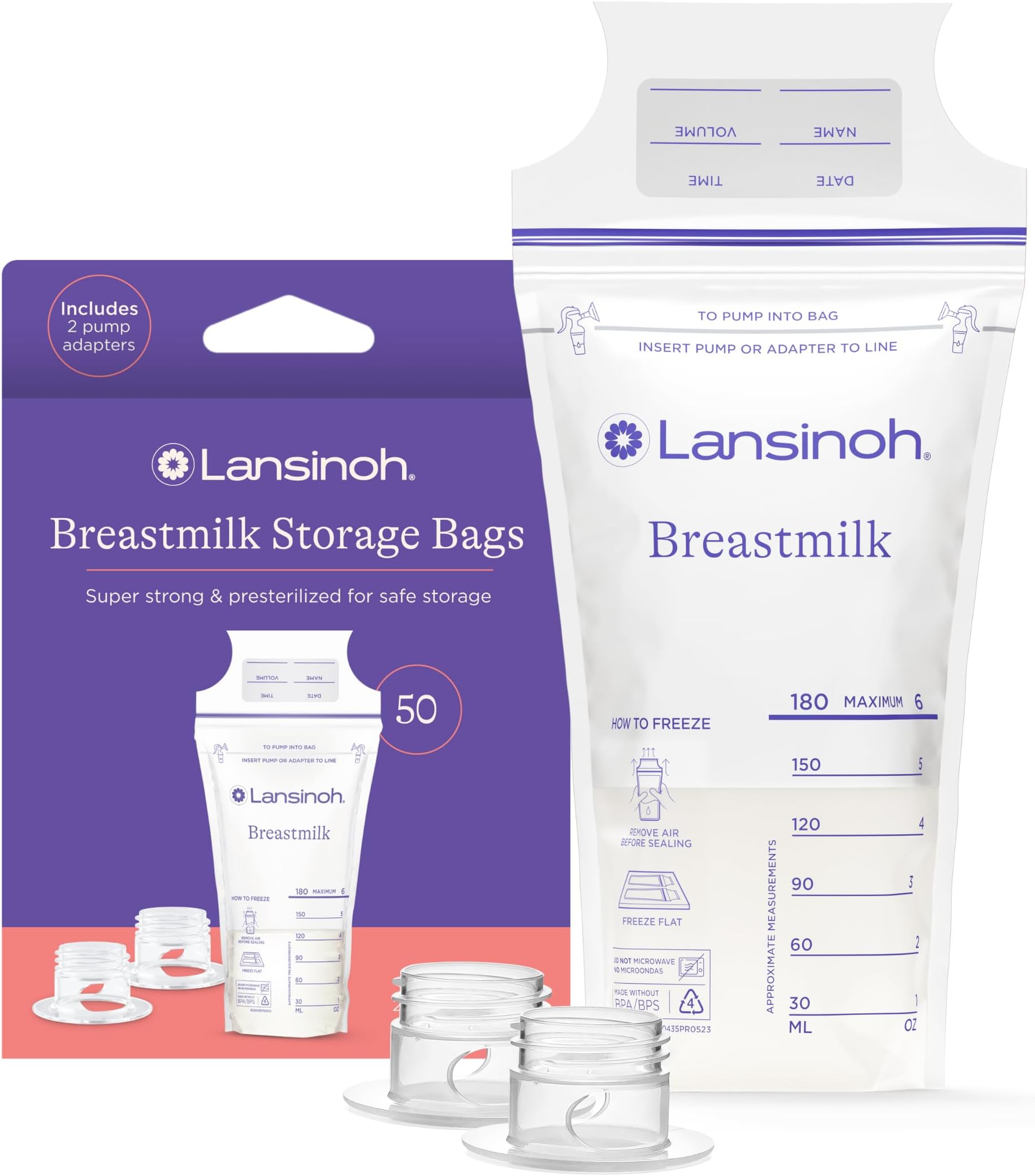 Lansinoh Breastmilk Storage Bags with Pump Adapters for Bags, 50 count