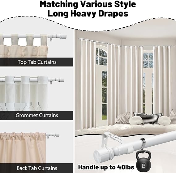 Curtain Rods for Windows 24 to 44 Inches, 1 Inch Short White Curtain Rod Set, Adjustable Heavy Duty Decorative Drapery Rods for Small Cafe Windows French Door