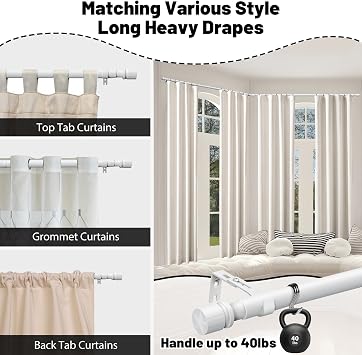 Curtain Rods for Windows 24 to 44 Inches, 1 Inch Short White Curtain Rod Set, Adjustable Heavy Duty Decorative Drapery Rods for Small Cafe Windows French Door