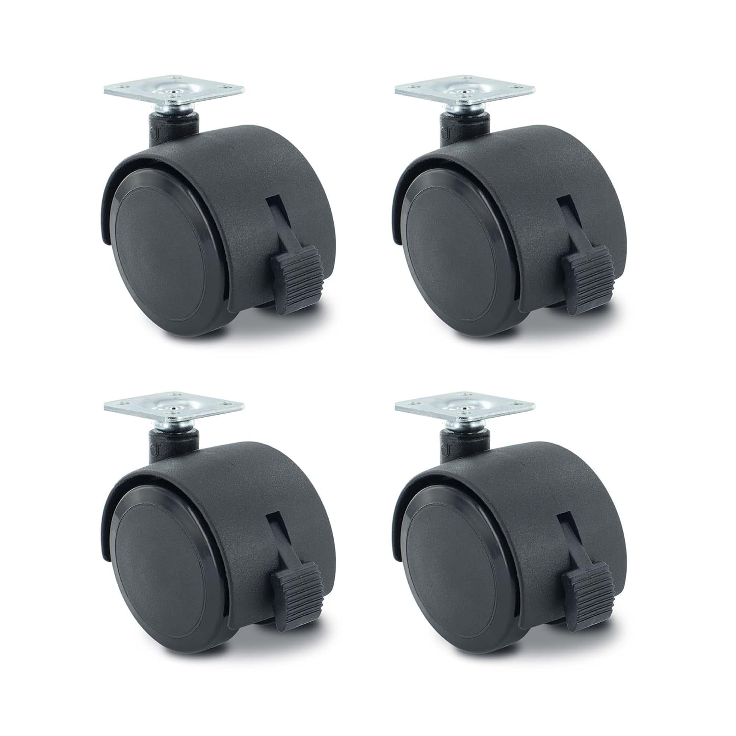 2in Dia Black Swivel Hooded Twin Wheel Furniture Caster 1-1/2in x 1-1/2in Square Top Plate with Brake 4 Pack