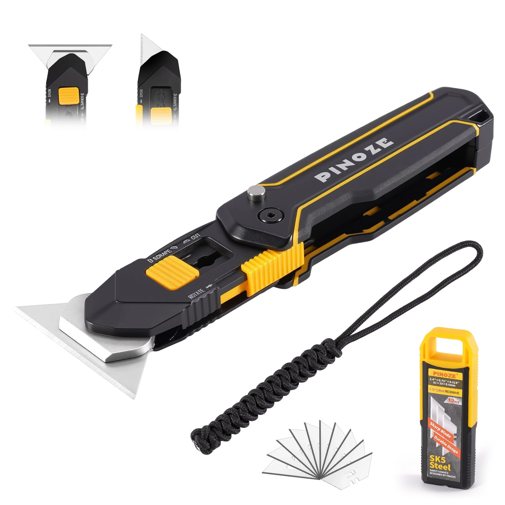 PINOZE Folding Utility Knife Scraper, 3-in-1 Box Cutter with Lanyard & Blade Storage, Retractable Heavy Duty Zinc Alloy Multi-functional Knife with