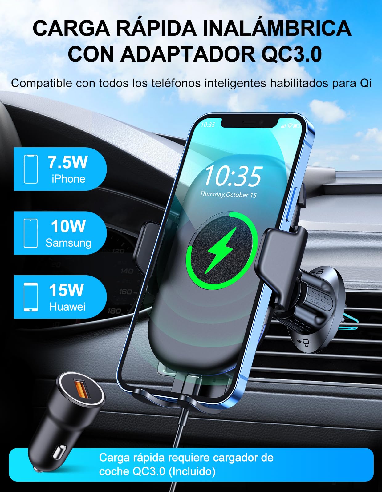 Mohard 15W Qi Cargador Inalámbrico Coche con Adaptador Cargador, Soporte Móvil Coche Carga Rápida, Rotación de 360° Sujeta Movil Coche Compatible con iPhone 16 Pro Max/15/14/13, Galaxy S25 Ultra/S23
