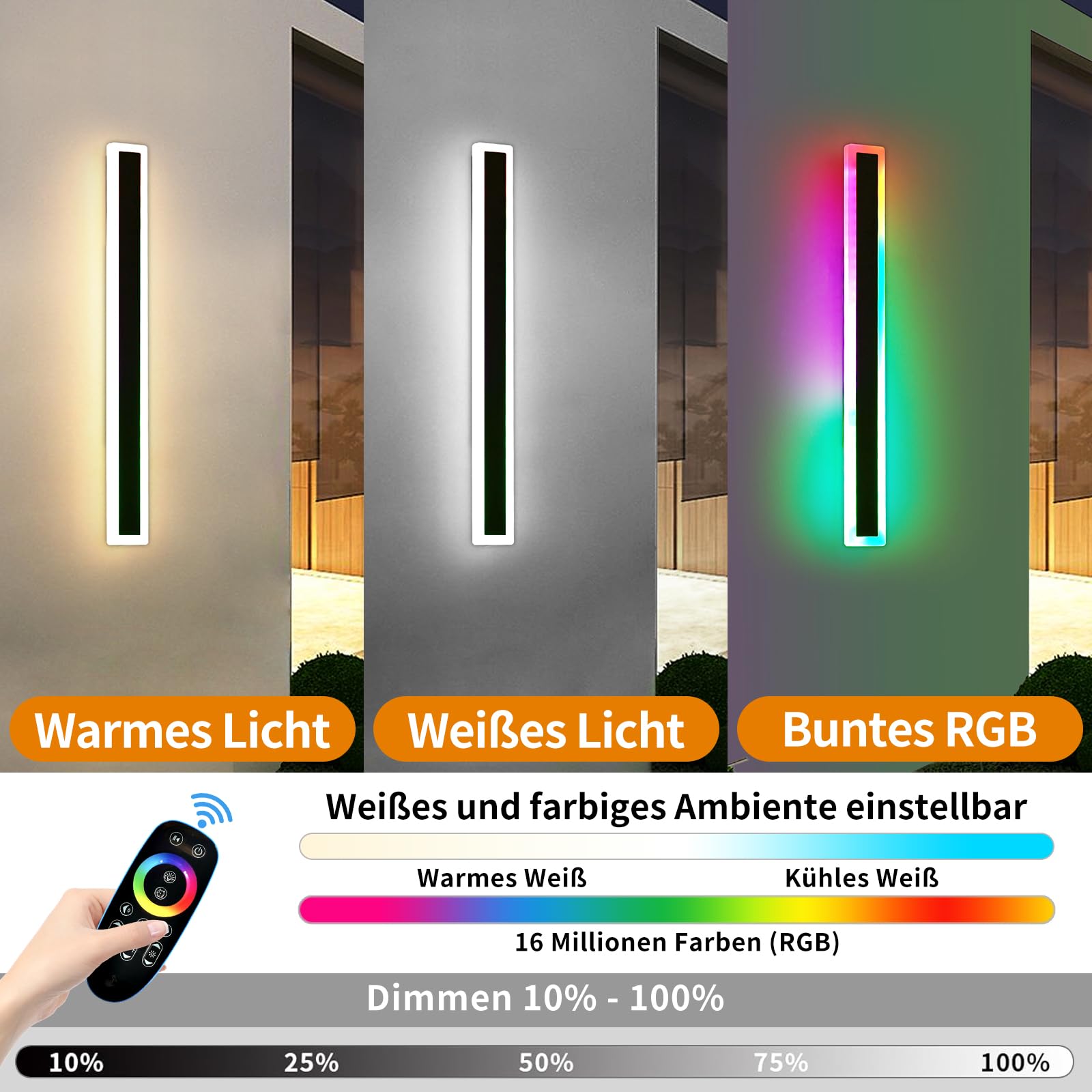 Mikeru 80CM Outdoor RGB Wandleuchte, 16 Farben dimmbare Wandleuchte IP65 wasserdicht Weihnachten Außenbeleuchtung 3000K-6000K mit Fernbedienung 10%-100% Dimmbare Außenwandleuchte für Hof, Villa