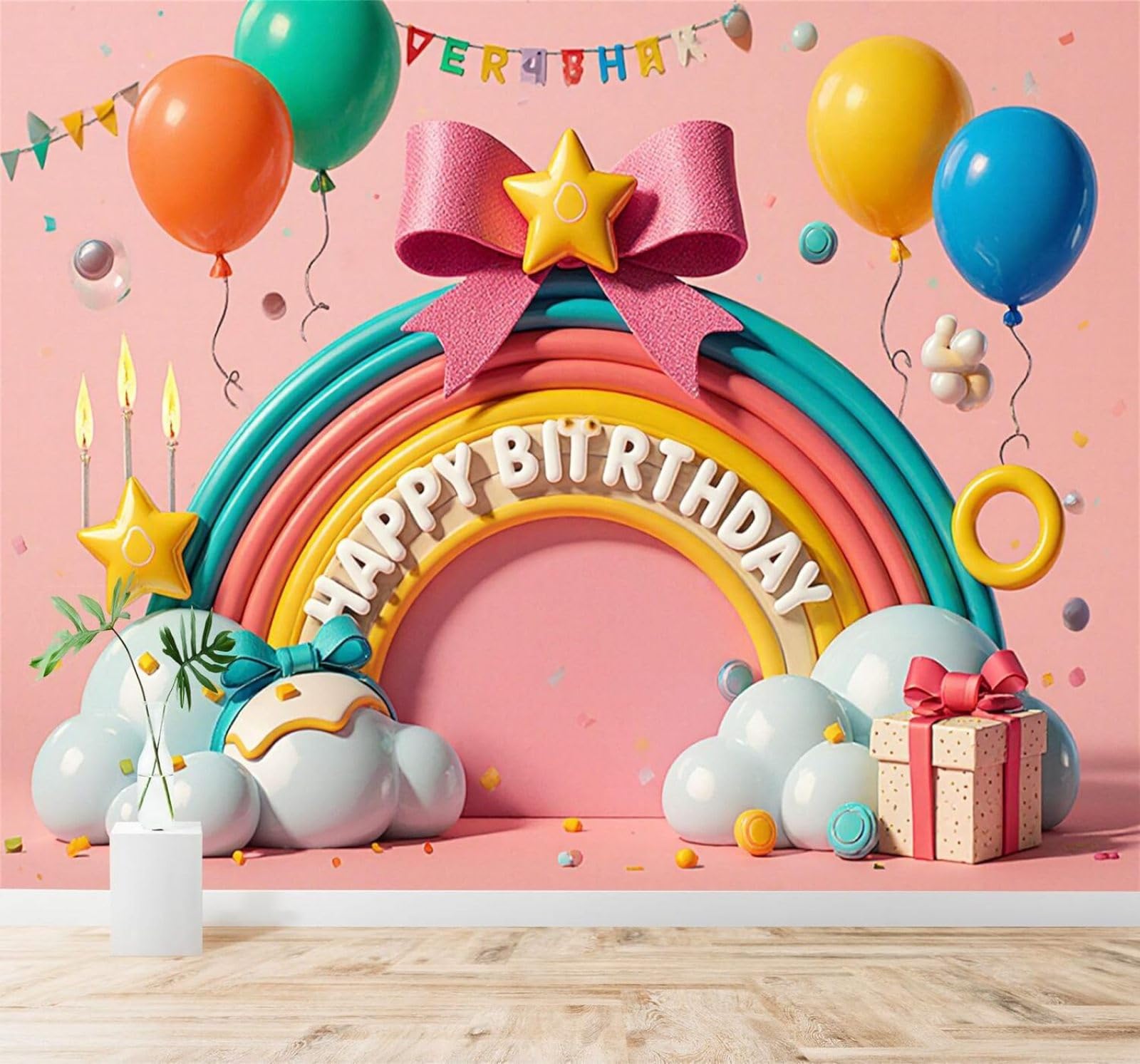 XLMING Cartoon Colourful Rainbow Pattern Balloons Stars 3D Wallpaper Silky Texture Home Study Office Grey Dining Room Sofa Bedroom Living Room TV Backdrop-200cm×140cm