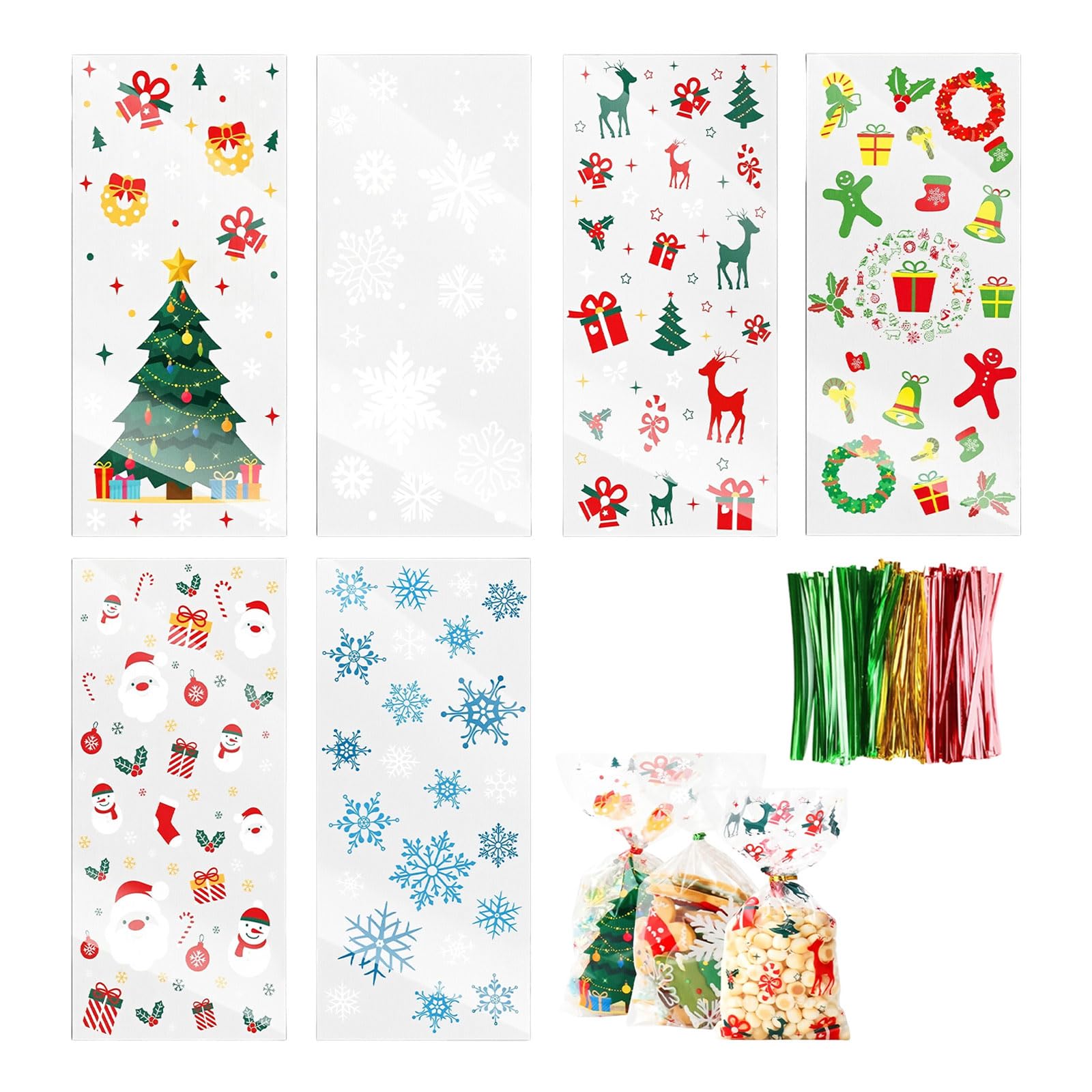 RUISPEED 120 Christmas Bags with 6 Designs – Clear Cellophane Bags with 150 Ties, for Cookies, Sweets, Gifts, Party Favour Bags, 12.5 x 27.5 cm