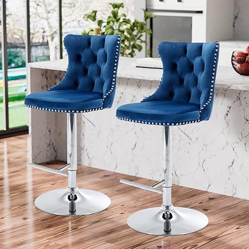 Miniatura 27 de Aoowow Juego de 2 taburetes de bar giratorios ajustables con respaldo de terciopelo copetudo, sillas de bar modernas tapizadas con cabeza de clavo