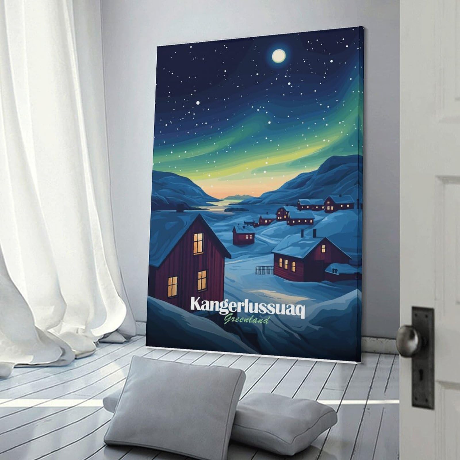 Junmoney Frame-Style-1-1 Greenland Cabin Aurora Night Decorative Wall Artwork, 24X36inch(60X90cm), For Home Lounge, Bedroom Or Reading Nook, Eye Catching Artwork For Blank Walls