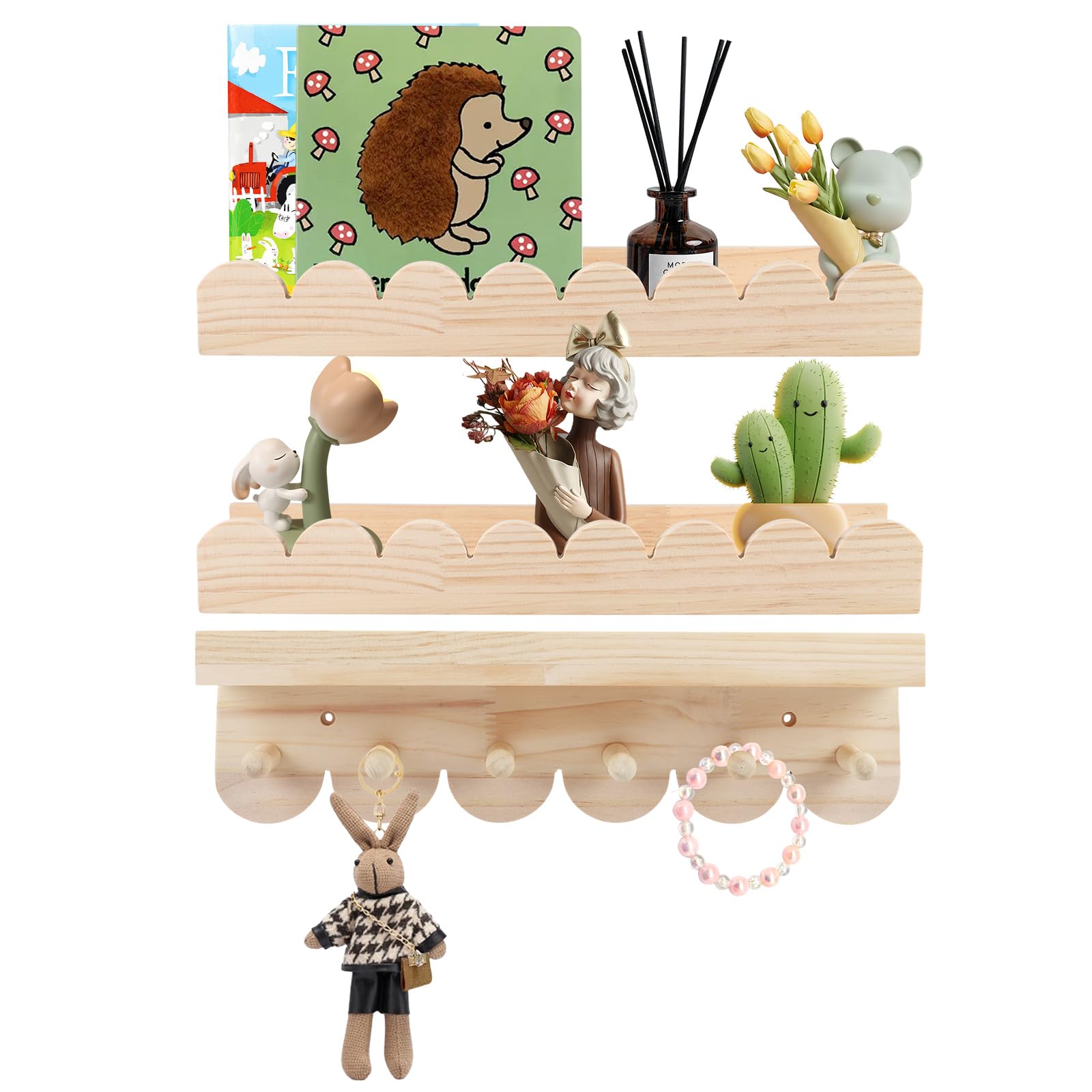 Set de 3 Étagères Murales Enfant en Bois Massif - Bibliothèque avec 6 Crochets pour Livres & Jouets - Étagère Montessori 40cm - Étagère Flottante aux Angles Arrondis pour Fille & Garçon