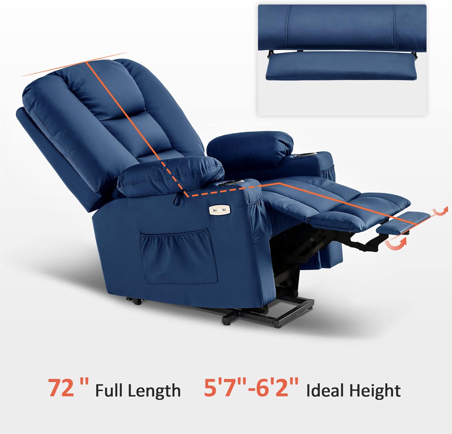 MCombo Large Power Lift Recliner Chair Sofa with Massage and Heat for Big and Tall Elderly People, 3 Positions, Cup Holders, and USB Ports, Faux Leather 7539 (Large, Navy Blue)