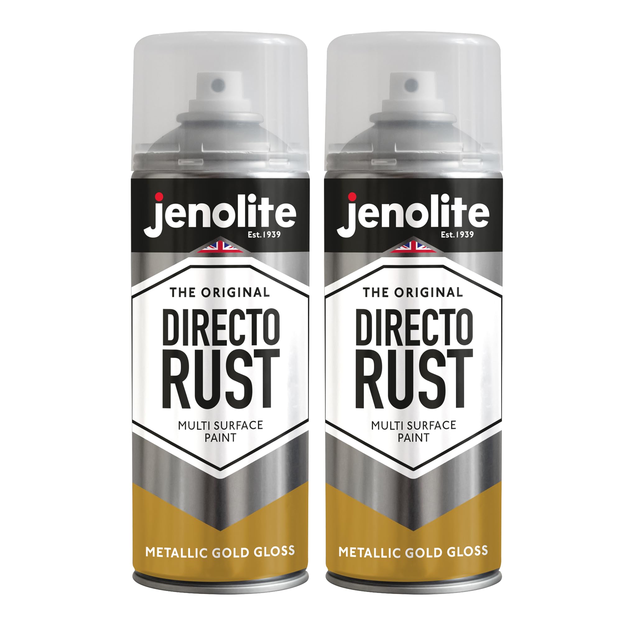 Jenolite Gold Directorust Metallic Gloss Spray Paint | | 2X400ml | Multi-Surface Spray Paint For Metal, Wood, Plastic | All-In-Oneprimer, Undercoat And Topcoat | Interior & Exterior