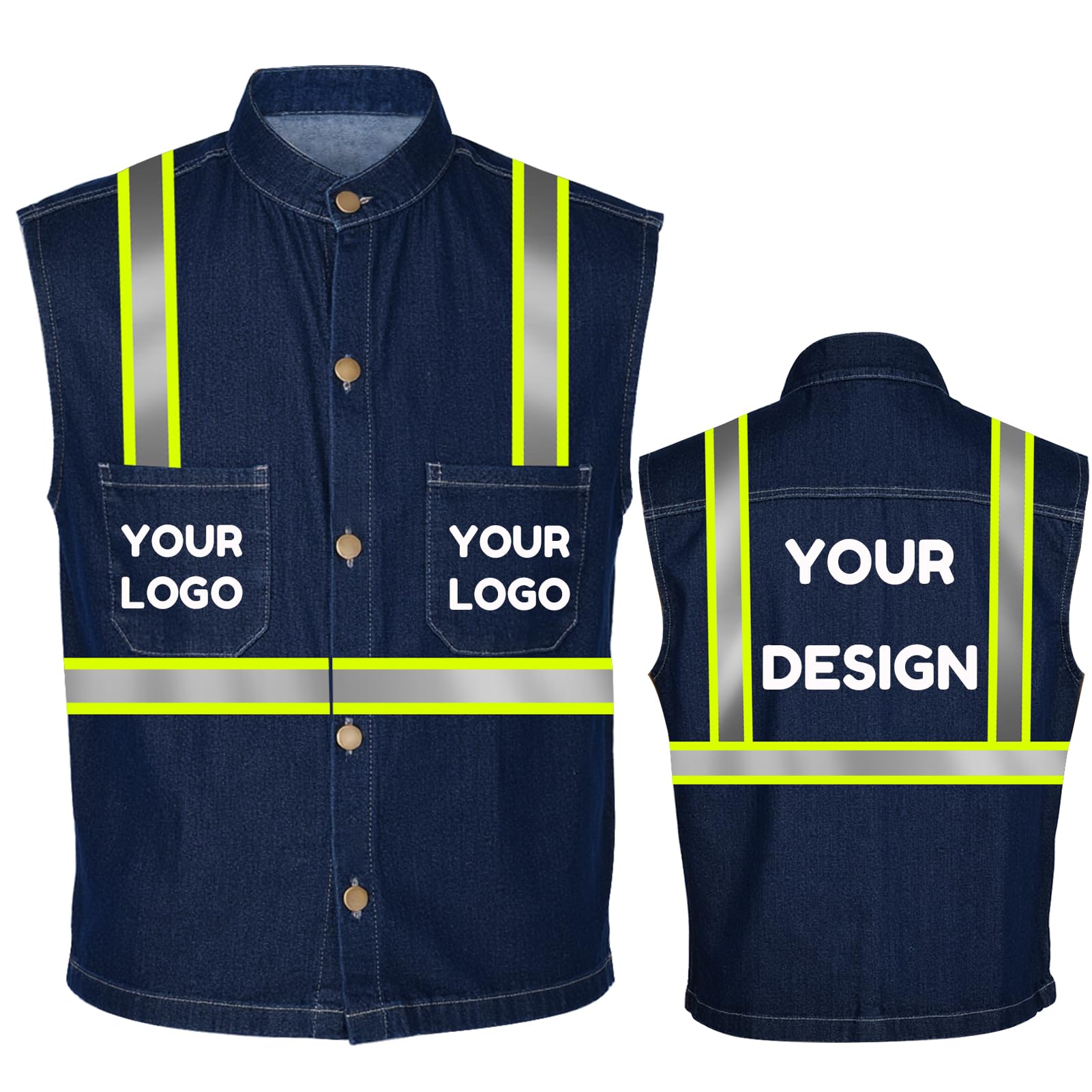 YOWESHOP Men's Reflective Safety Denim Vest?Custom Safety Outdoor Denim Work Vest with High-Visibility Stripes for Night Commute?Button Front?M,Navy blue Webbing-Green3