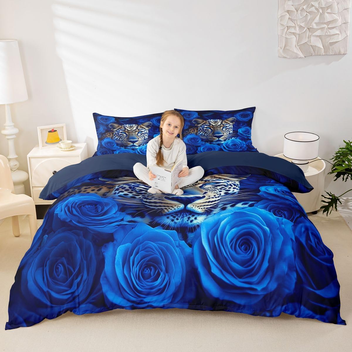 Feelyou Leopard Comforter Cover Safari Cheetah Print Bedding Set for Boys Girls Children Wild Animal Duvet Cover Room Decor Blue Rose Print Queen Size Quilt Cover 3Pcs