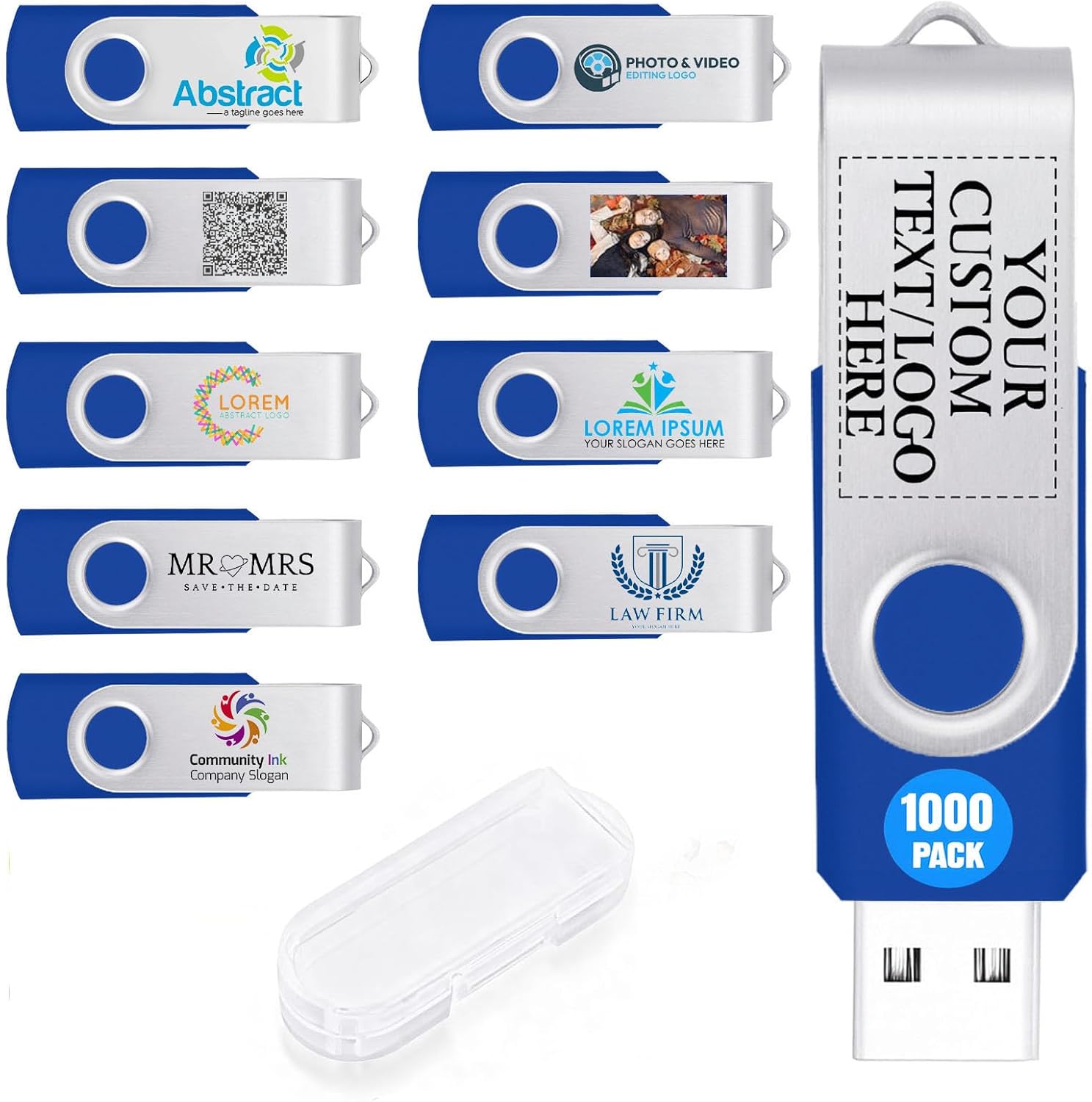 1000 Pack 8GB Custom USB Flash Drives USB 3.0 with Case, Personalized Thumb Drives with Logo/Text/Image, Blue Bulk Customized Memory Sticks for Wedding, Business, Corporate Gifts