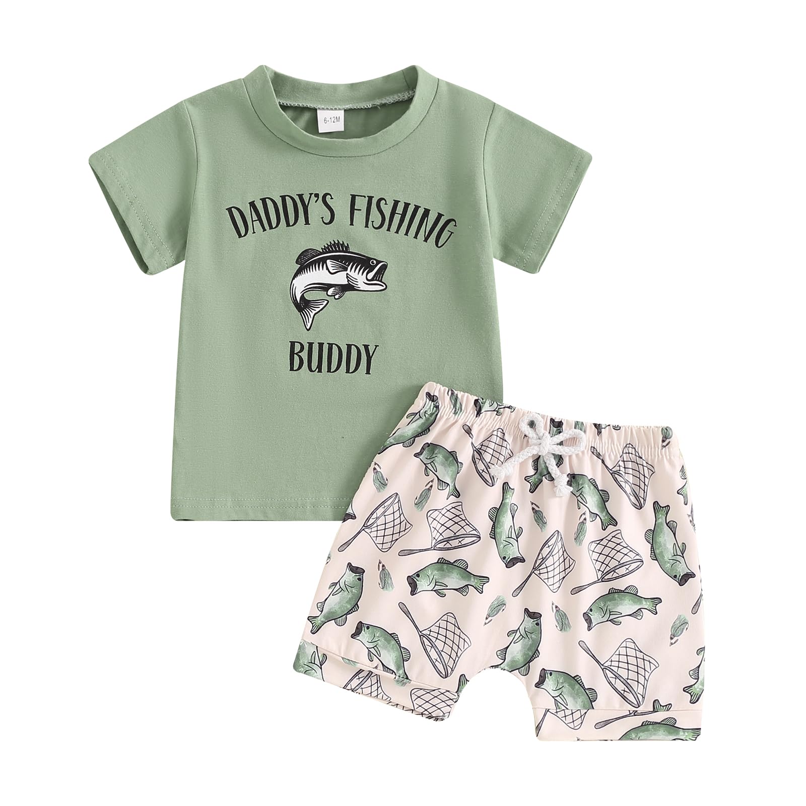 Dewadbow Toddler Fish Outfit Short Sleeve Papas Fishing Buddy T-shirt Fish Shorts 2Pcs Set Father Clothes for Baby (Green Daddys Fishing Buddy, 2-3T)