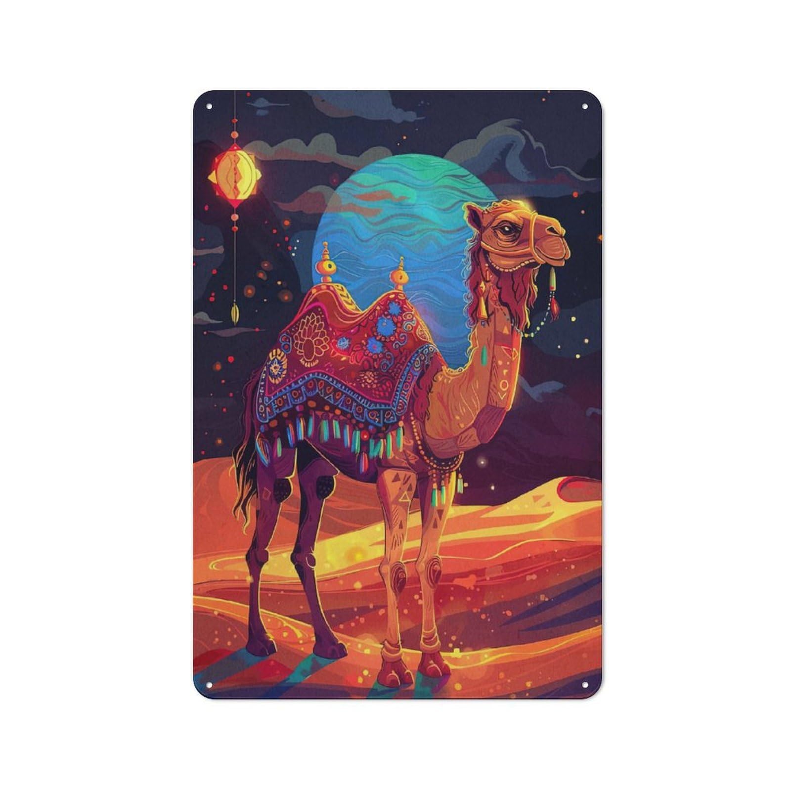 Junmoney Style-8 Nostalgic Camel Desert Night Decorative Tin Sign 30X20cm, Vintage Wall Decor For Lounge, Study, Pub Or Wall Gallery