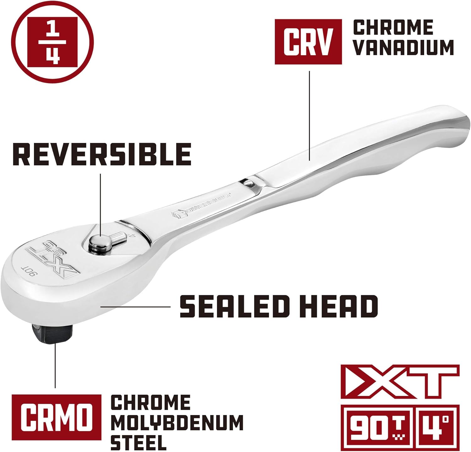Powerbuilt 1/4" Drive XT90 90 Tooth Professional Ratchet, Seal-Head Ratchet, Full-Polish, Long Handle - 649937