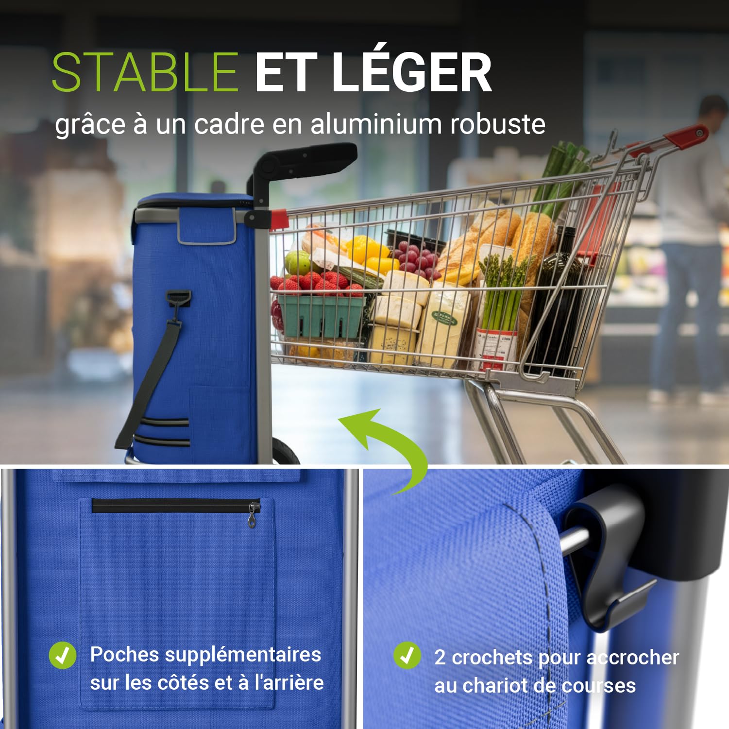 Juskys Chariot de Courses 3 en 1 avec 2 Roues pour Le Shopping - Sac Amovible de 56 L - Chariot Pliable & Moderne - Chariot de Courses Bleu foncé