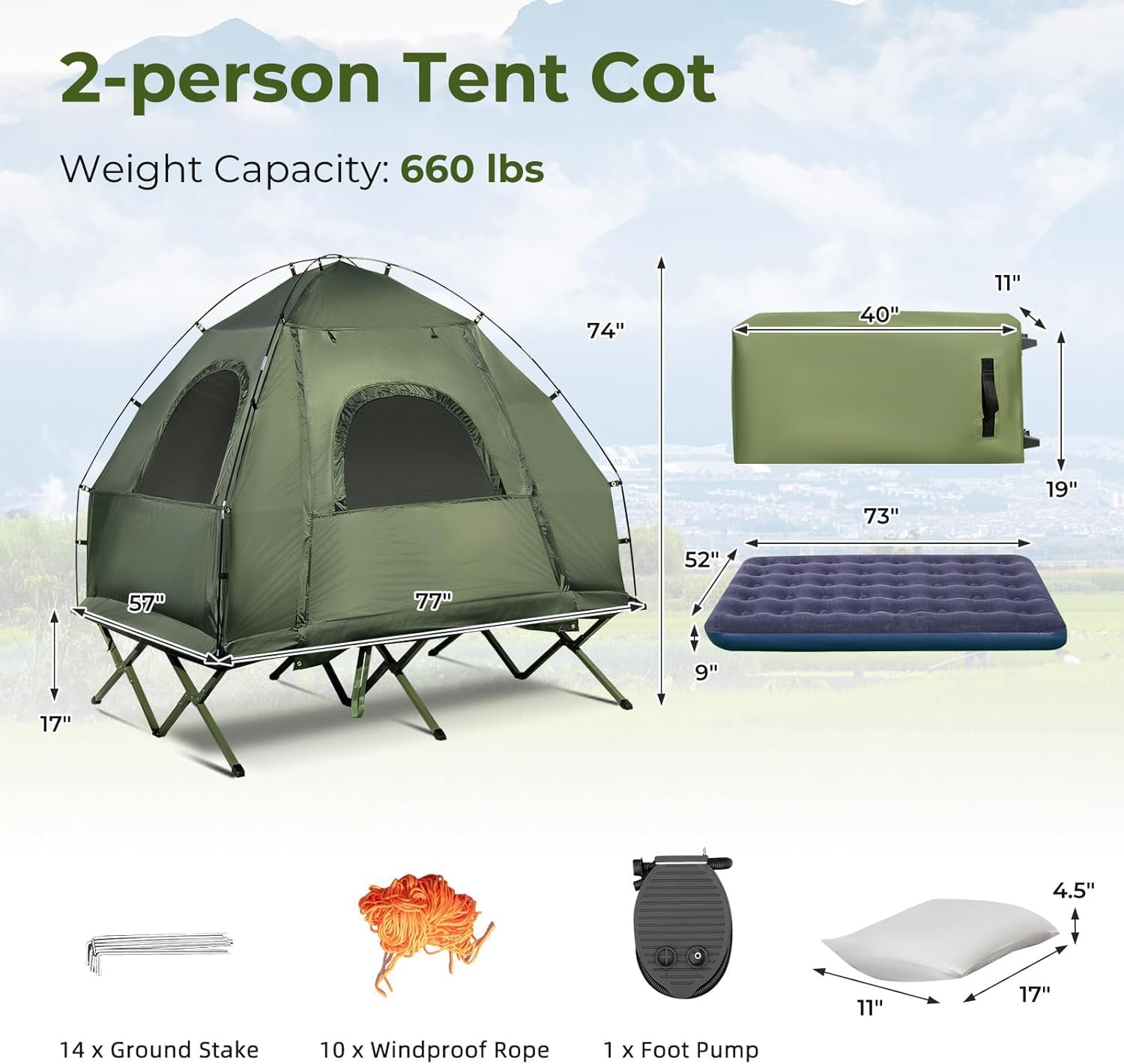 LDAILY Cuna de tienda de campaña, tienda de campaña elevada 5 en 1 con colchón de aire, saco de dormir y almohada, cuna plegable con bolsa de transporte para senderismo al aire libre, picnic, patio