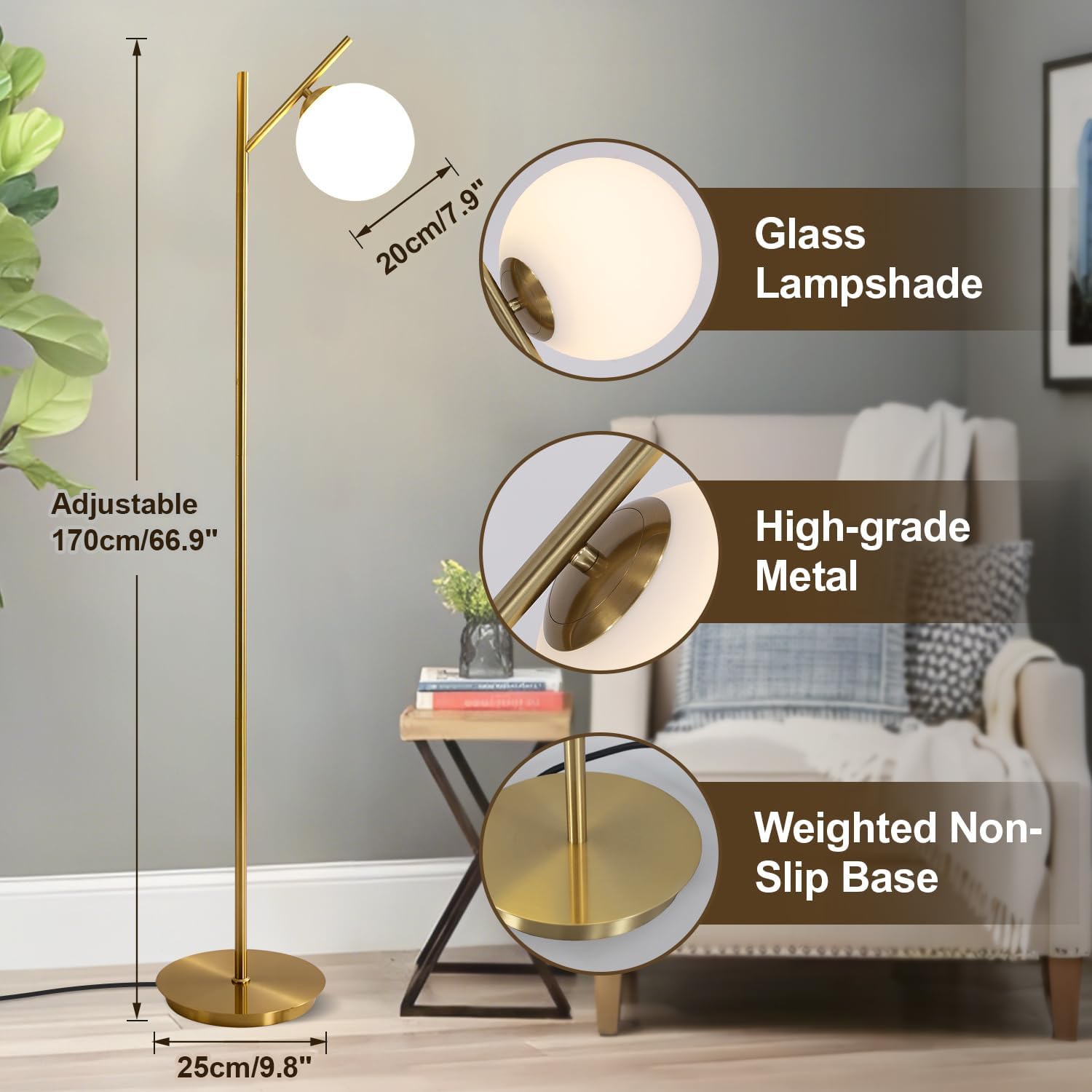 Mid Century Floor Lamp for Living Room Modern Tall Standing Lamp with Frosted Glass Globe Shades Contemporary Brass Freestanding Lamp for Office Bedroom (Gold)