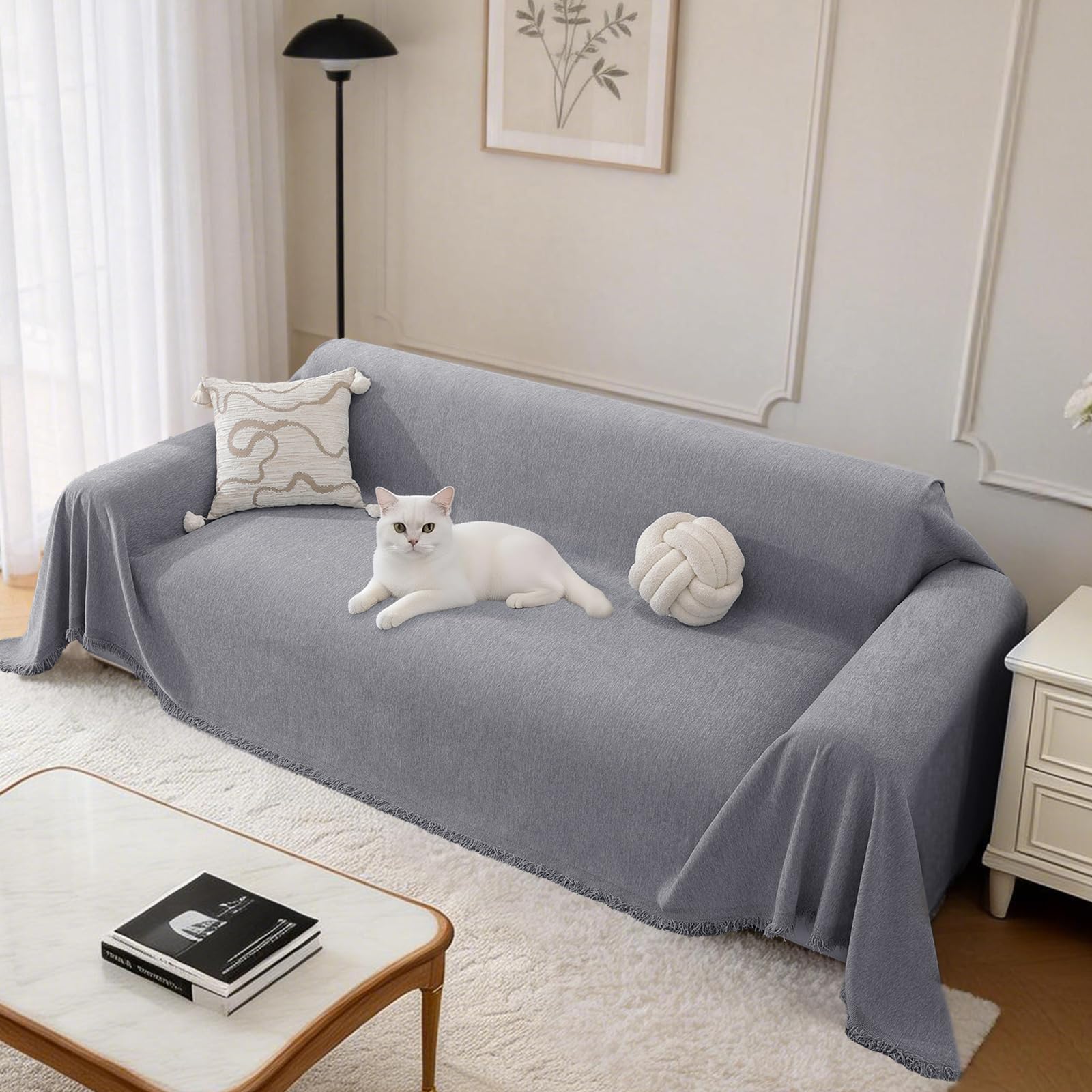 Ystyle Funda Sofa 2 Plazas, 180x300 CM, Manta Cubre Sofa, Gris Claro | De Chenilla Antideslizante y Antimanchas, Protector de Sofa para Perros y Gatos para Salón, Sofa Cover Four Seasons Universal