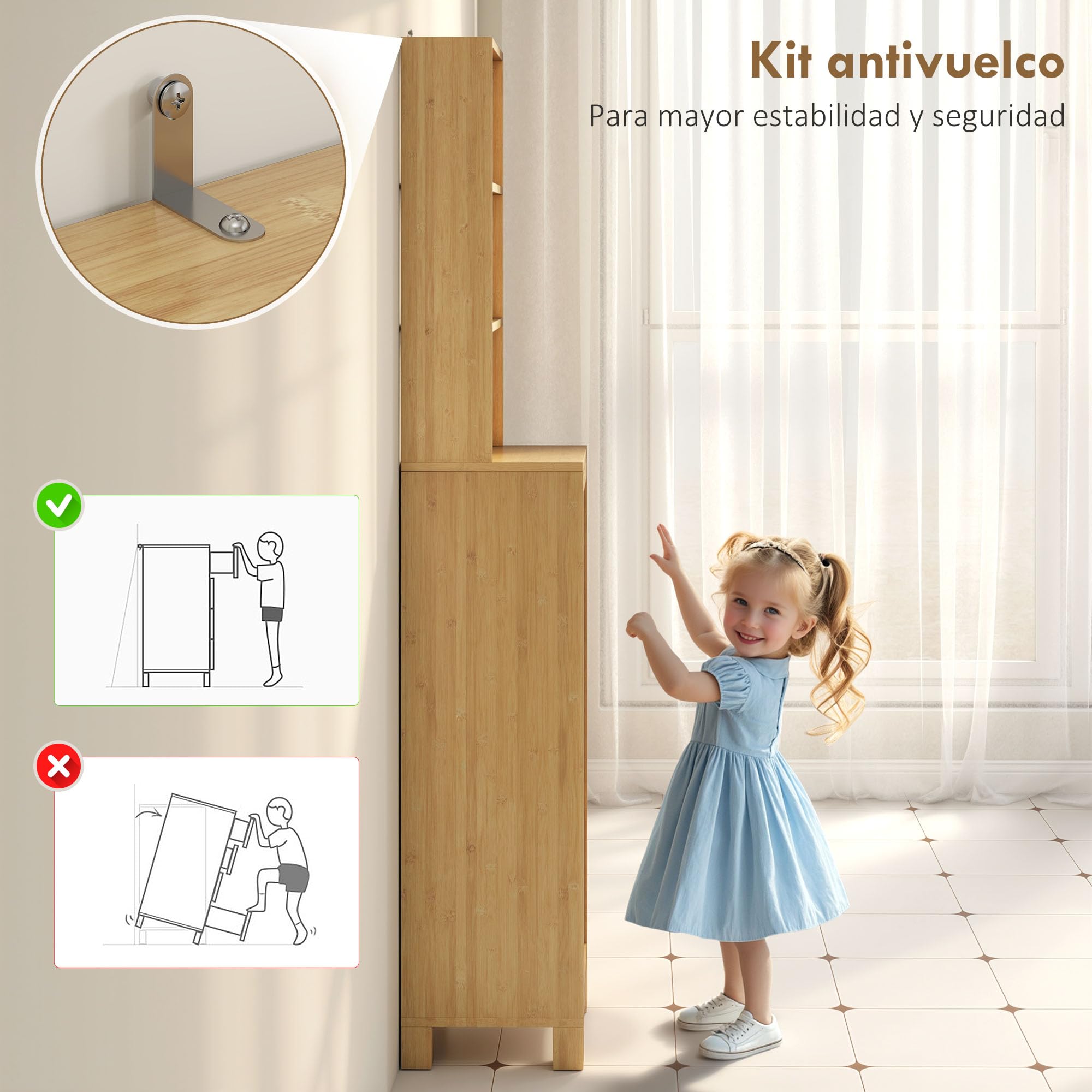 HOMCOM Armario de Baño de Bambú, Mueble Auxiliar, 34x30x170 cm Natural | Columna de Baño Estrecha, Estante Abierto, Puerta de Lamas, Estante Ajustable