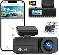Câmera veicular 4K frontal e traseira, câmera de painel WiFi com cartão de 64 GB, câmera de painel 4K + 1080P para carros, câmera de carro WiFi com controle de aplicativo, câmera de painel de tela de