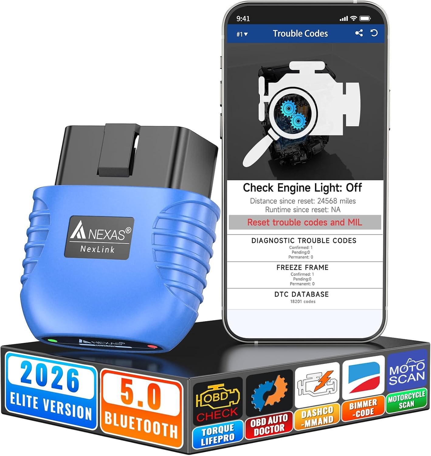 AUTOPHIX Nexlink OBD2 Bluetooth 5.0 für Autos und Motorräder, OBD2 Diagnosegerät Bluetooth, OBD2 Bluetooth Adapter für iOS und Android