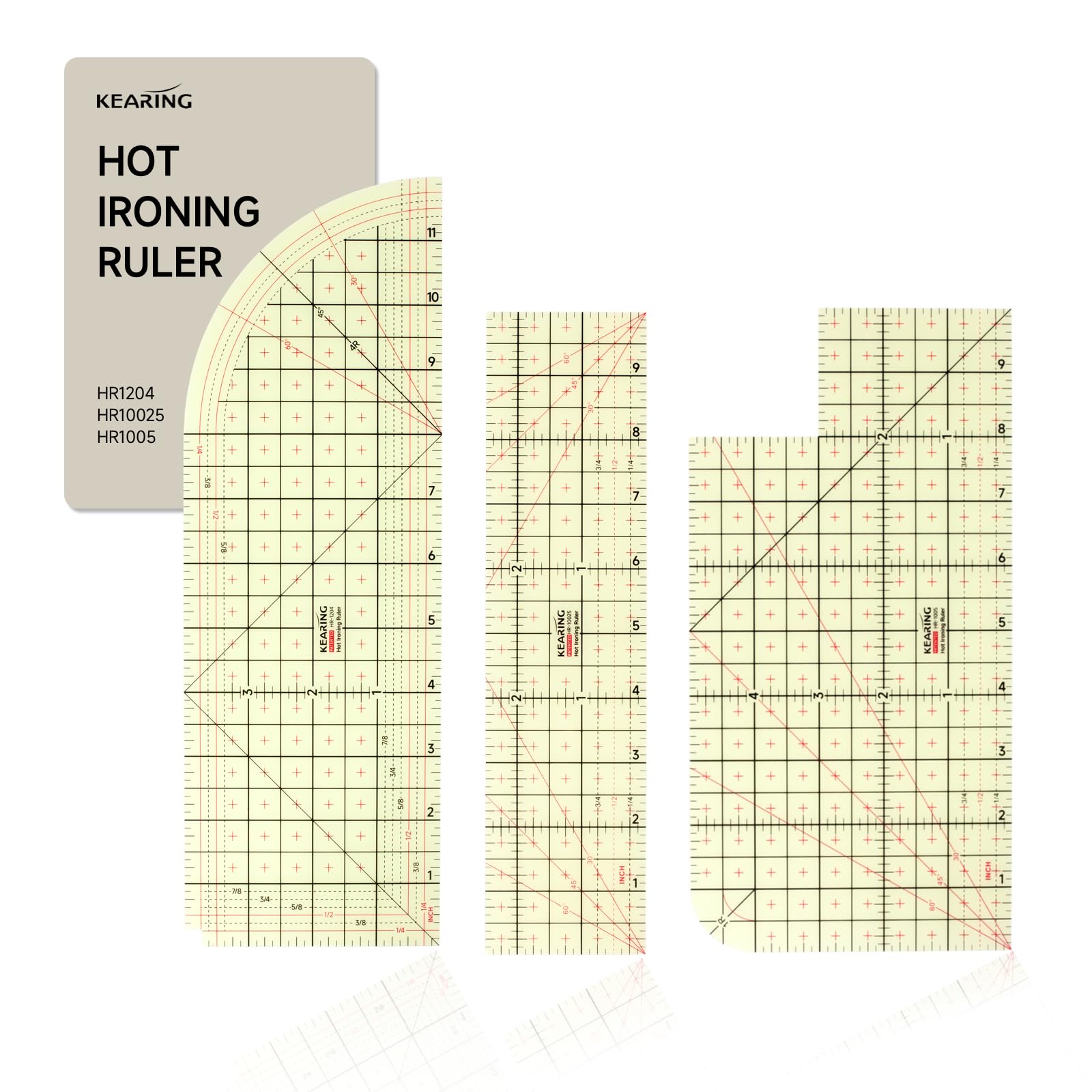 KEARING, 3 Pieces Hot Hem Ruler for Sewing, 10 Inch & 12 Inch, Patented Heat Resistant Non-Slip Hot Ironing Ruler for Measure, Mark, Fold, Press with Dry or Steam Iron