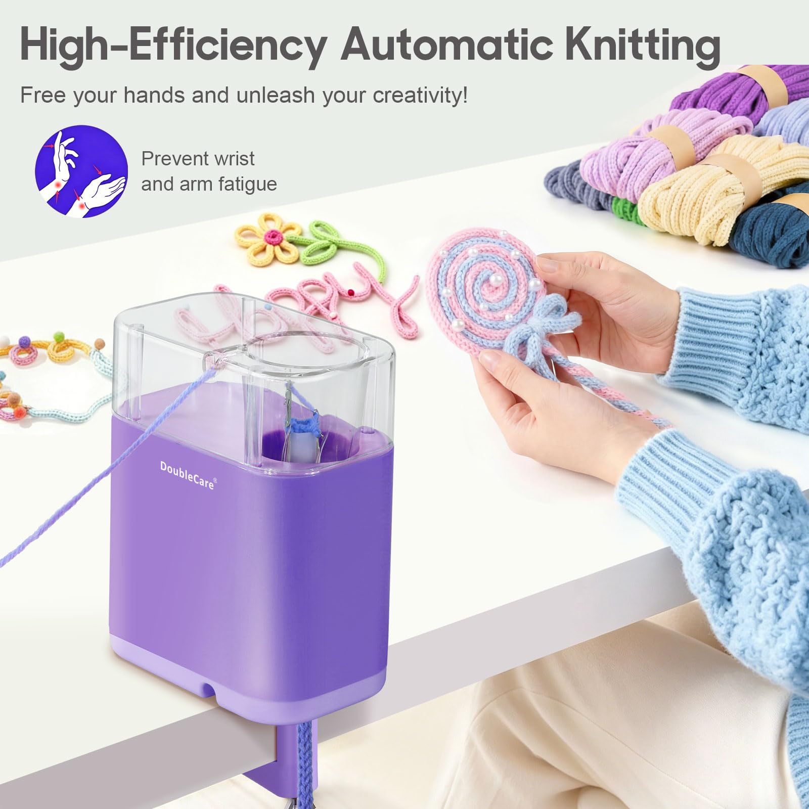 DoubleCare Automatische i Cord Strickmaschine, Elektrischer i-Cord Stricker mit Garn und 1 Rolle 2M Eisendraht, Lila