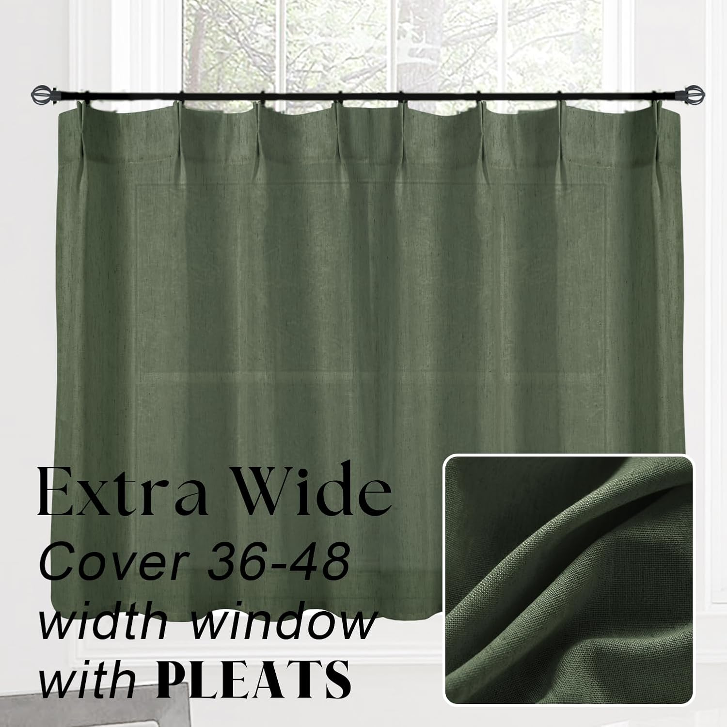 Bathroom Window Curtain,Short Cute Boho Olive Green Sheer Privacy Linen Small Moody Curtains for Shower Window