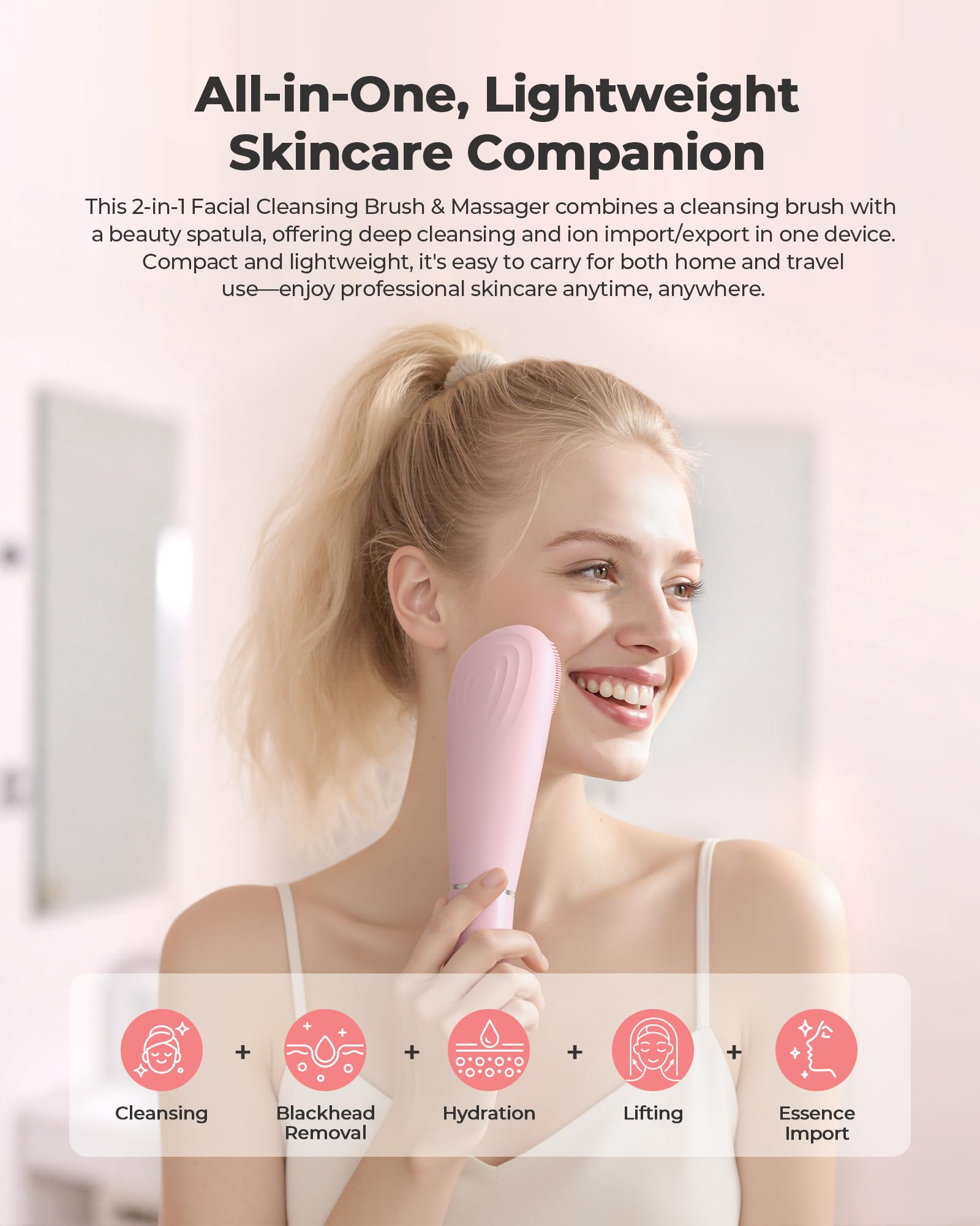 Facial Cleansing Brush, 2 in 1 Firming Massager Facial Skin Scrubber Waterproof Face Scrub for Deep Cleansing Vibrating Exfoliator Scrubber Skin Care with 7 Modes, Gentle Exfoliating - Pink