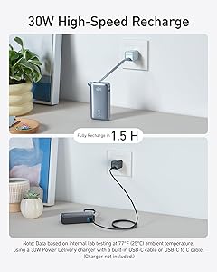 Anker Nano Power Bank, 10,000mAh Portable Charger with Built-in USB-C Cable, 30W Recharging, 30W Max Output with USB-C&A, for iPhone 16/15 Series, MacBook, Galaxy, AirPods, and More