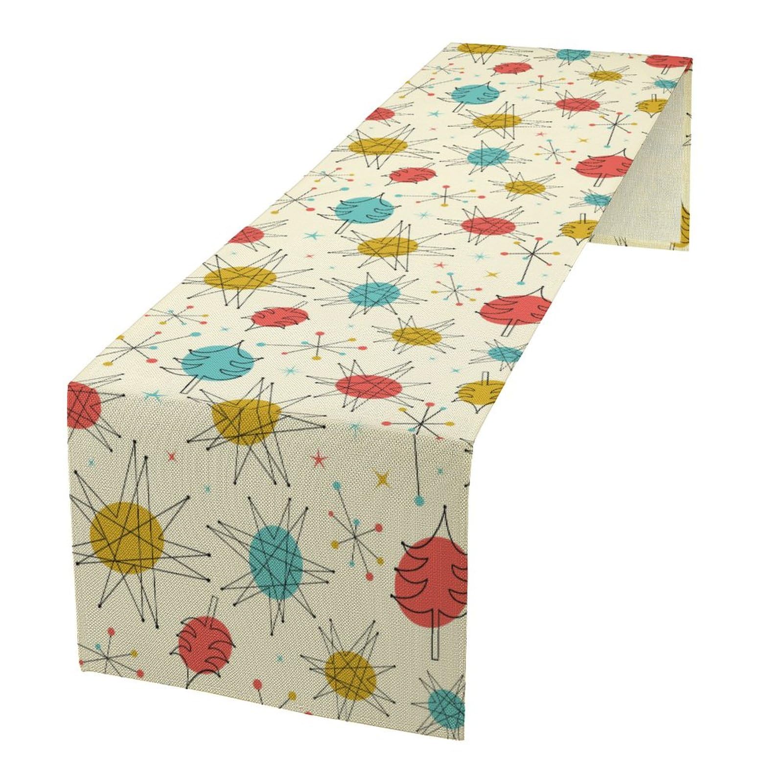 Mid Century Table Runners, Vintage 1950s Atomic Stars Abstract Geometric Shapes Table Runners Dresser Scarves Table Setting Decor for Living Room Kitchen Dinner Home 13x60in