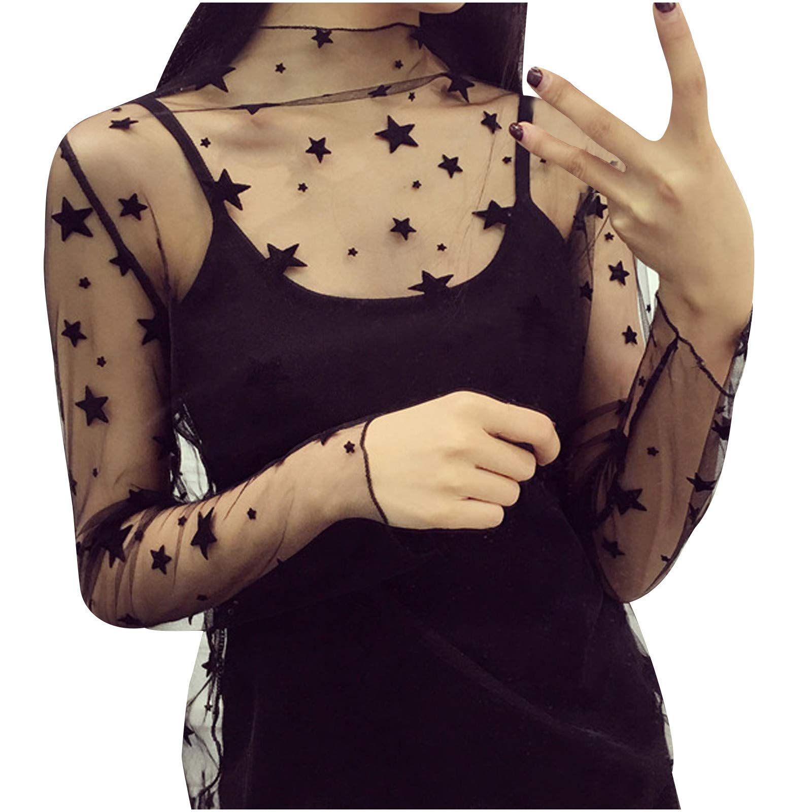 GenericFashion Women's Casual Mesh O-Neck Long Sleeve Printed Loose Ladies Tops Shirts Long Sleeve Tunic Tops Women Lavender Long Sleeved Shirt