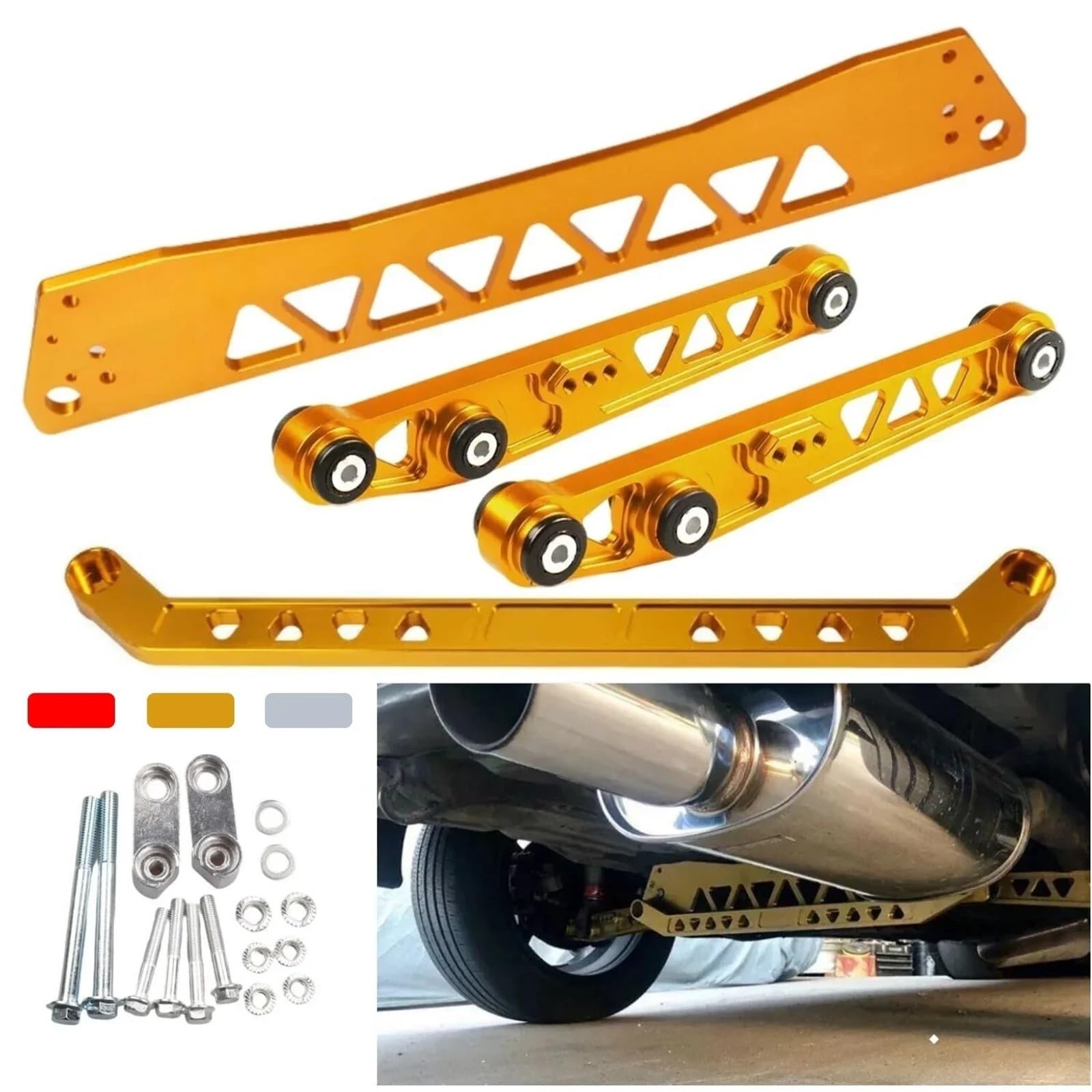 Wahacz samochodowy Wahacz sterujący Aluminiowa tylna rama pomocnicza Billet + drążek stabilizujący + dolny wahacz tylny pasujący do Honda Civic EG 92-95(Gold)