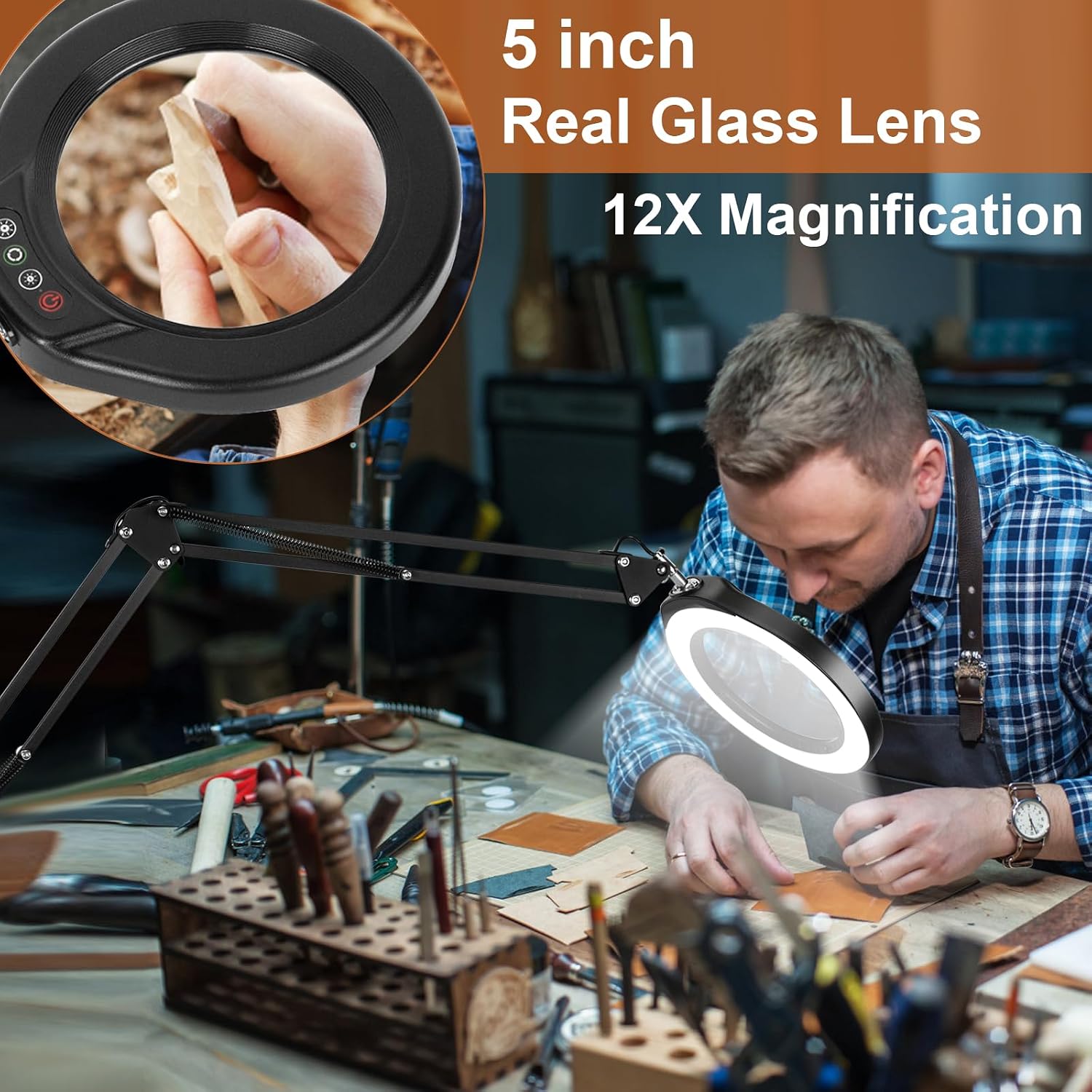 VEEMAGNI 5 Inch Large Real Glass Magnifying Glass with Light and Stand, 5 Color Modes Stepless Dimmable, 2*16 Inch Swivel Arm LED Clamp Desk Lamp, Hands Free 12X Lighted Magnifier for Close Work Craft image 3