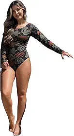 Body Maiô Feminino Manga Longa, Proteção UV, Estampa Colorida