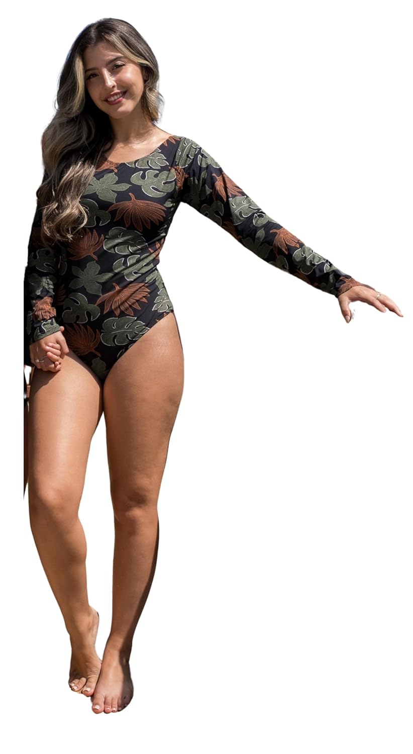 Body Maiô Feminino Manga Longa, Proteção UV, Estampa Colorida